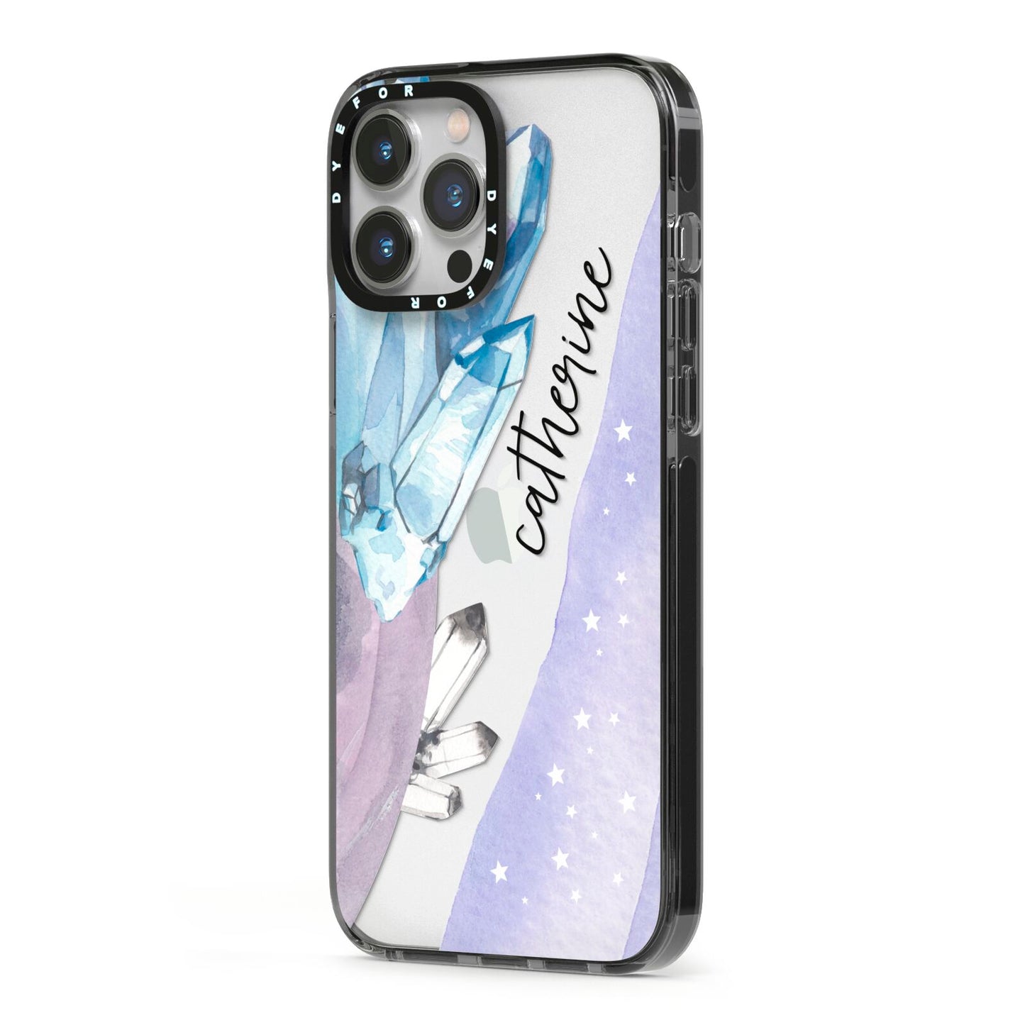Crystals Personalised Name iPhone 13 Pro Max Black Impact Case Side Angle on Silver phone