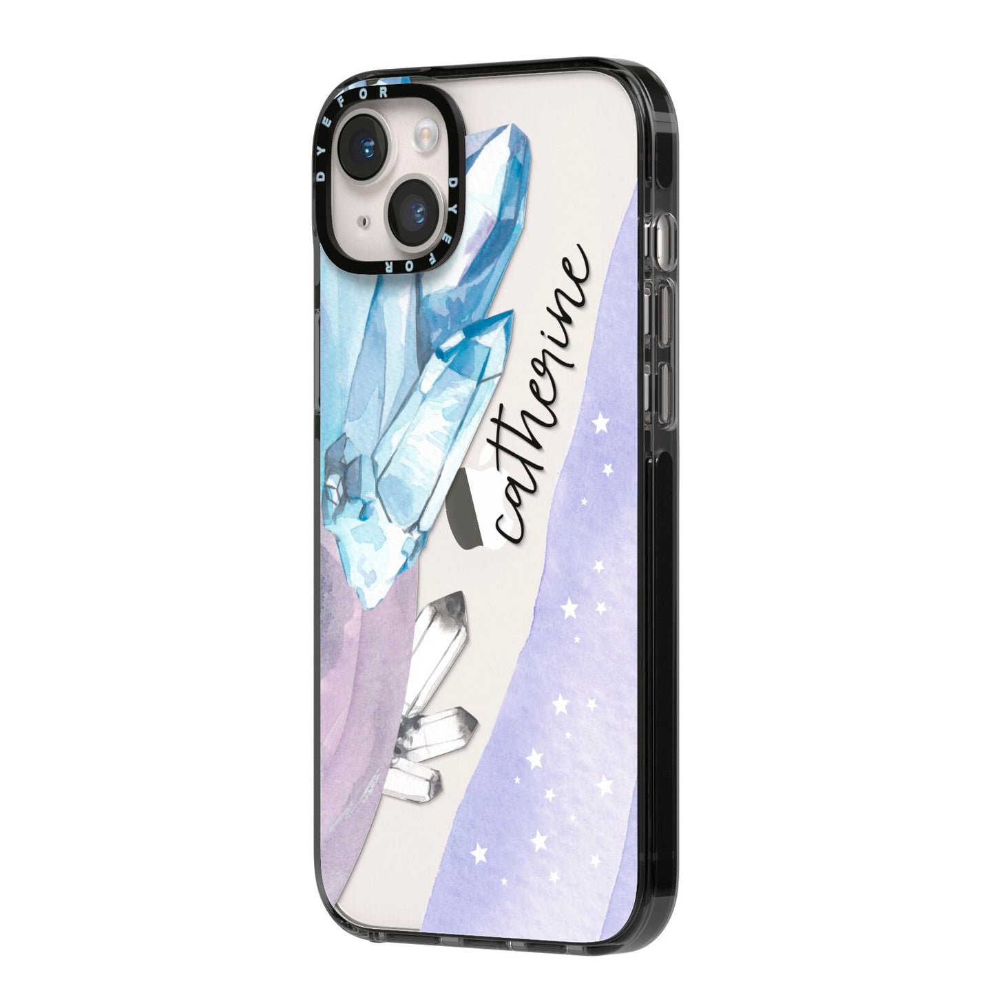 Crystals Personalised Name iPhone 14 Plus Black Impact Case Side Angle on Silver phone
