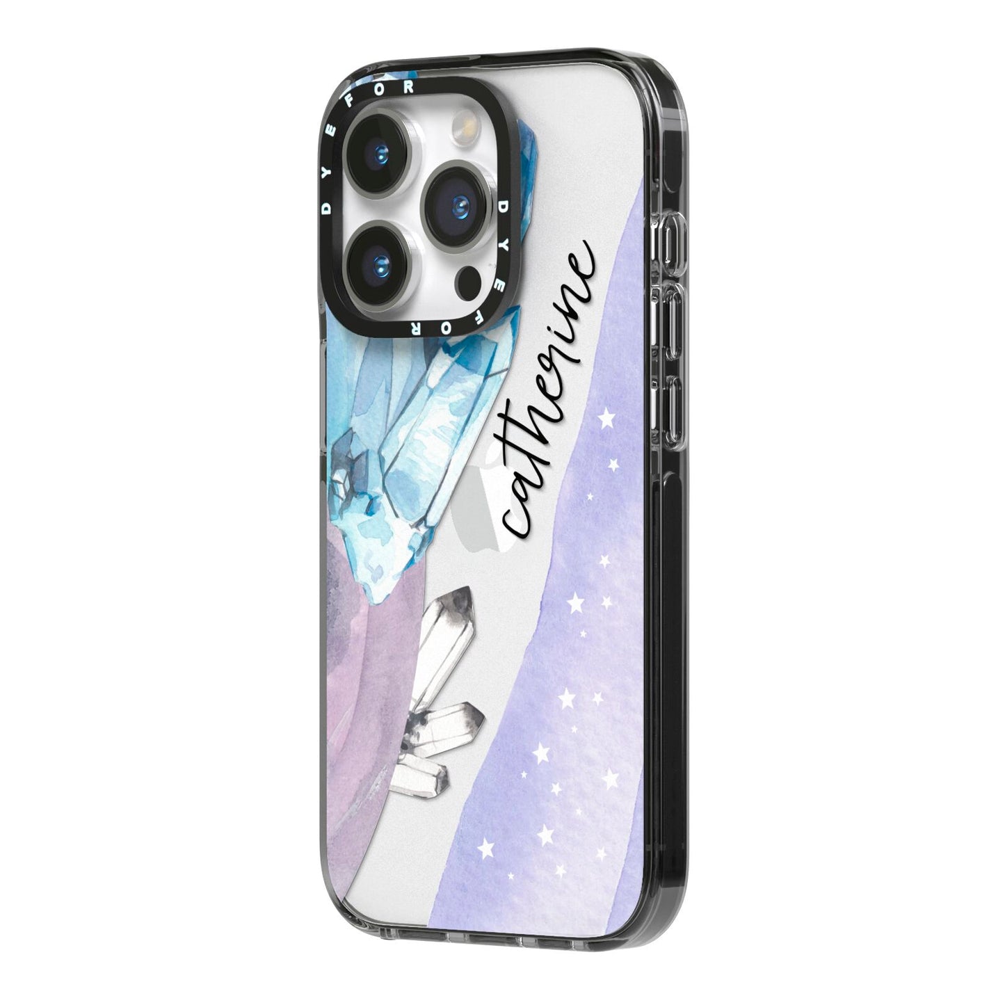 Crystals Personalised Name iPhone 14 Pro Black Impact Case Side Angle on Silver phone