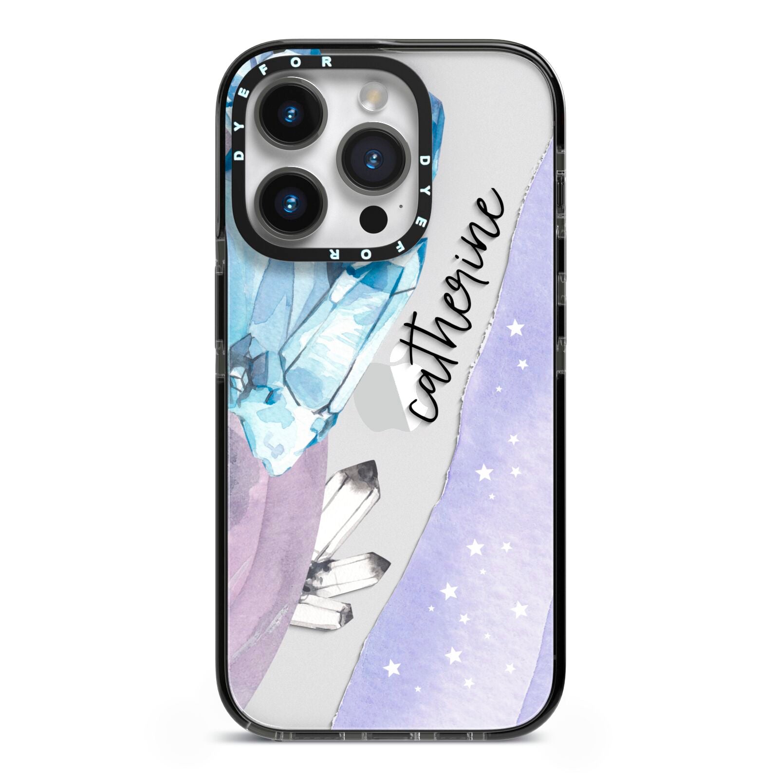 Crystals Personalised Name iPhone 14 Pro Black Impact Case on Silver phone