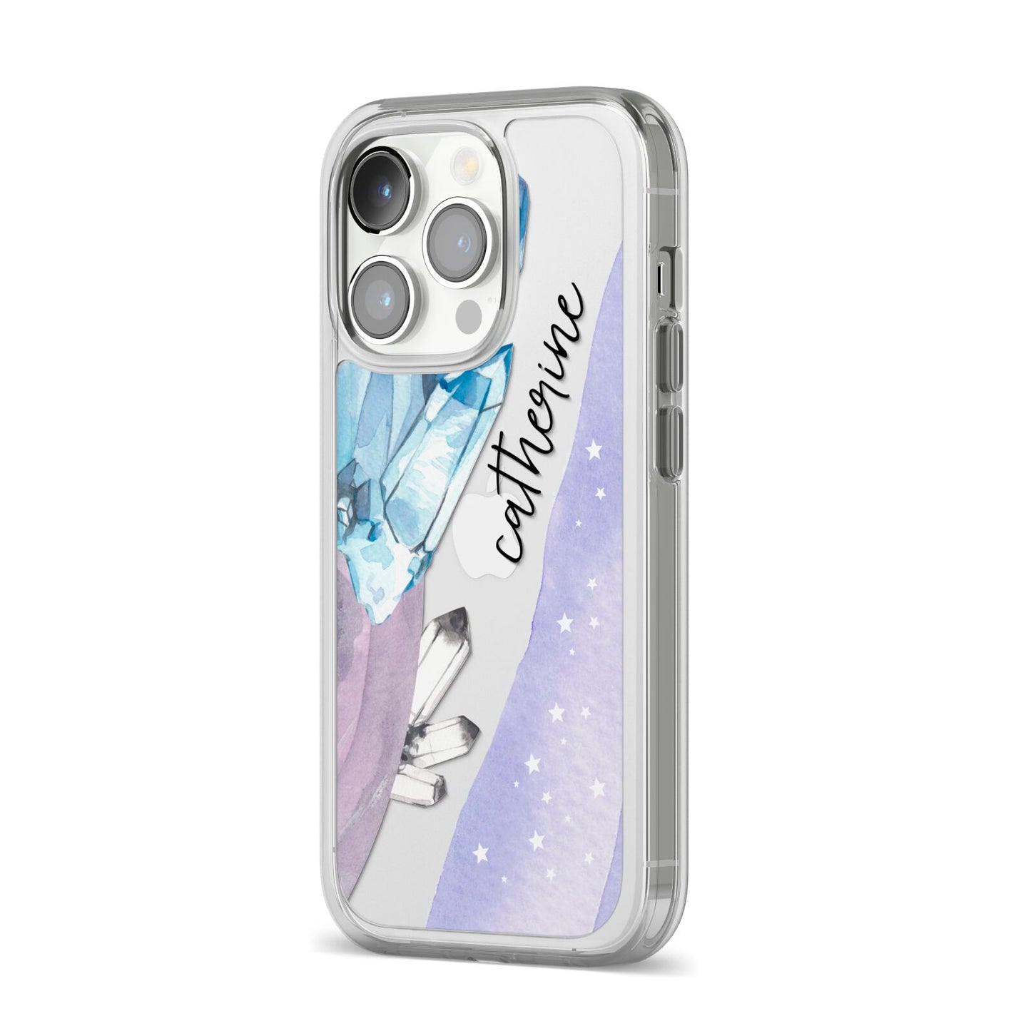 Crystals Personalised Name iPhone 14 Pro Clear Tough Case Silver Angled Image