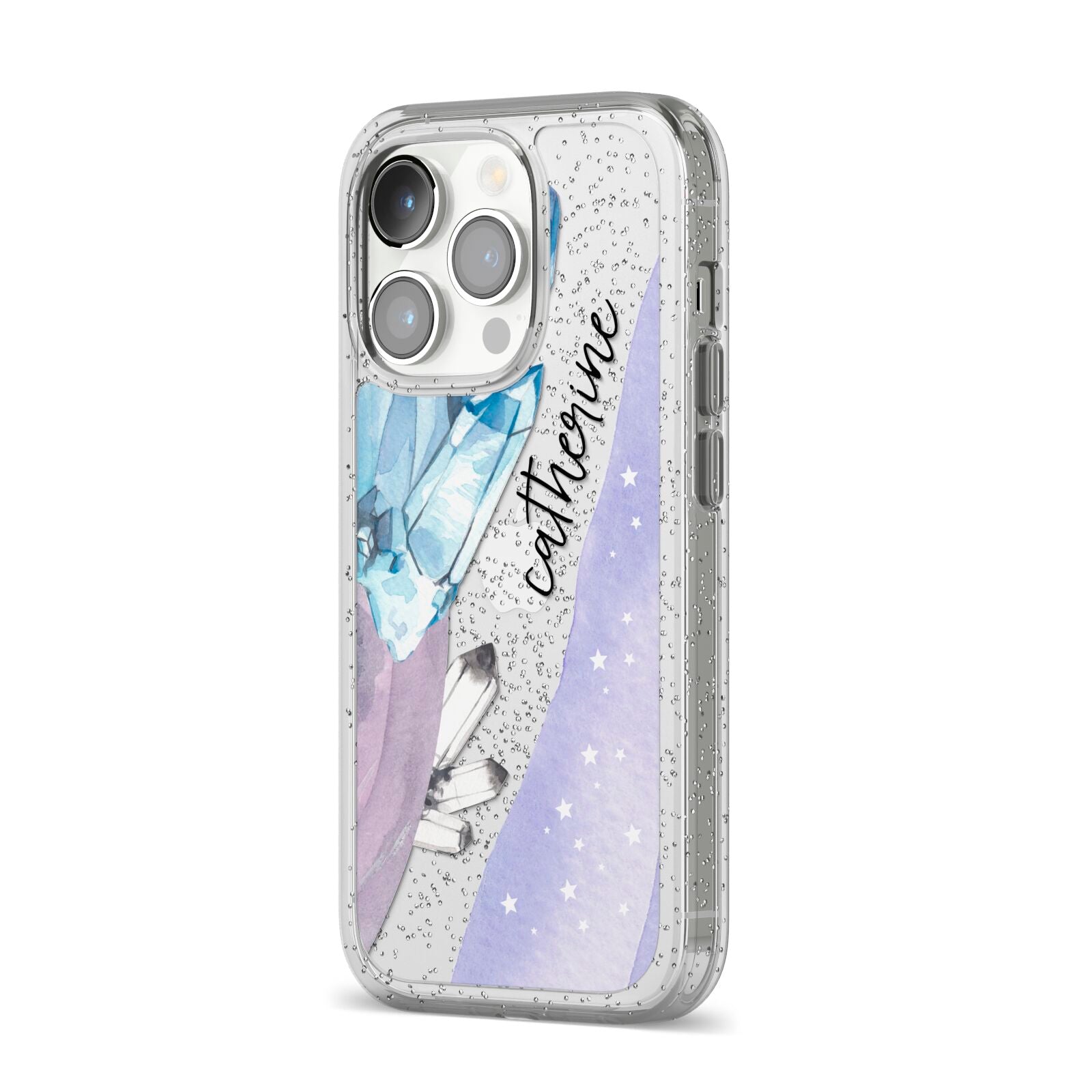 Crystals Personalised Name iPhone 14 Pro Glitter Tough Case Silver Angled Image