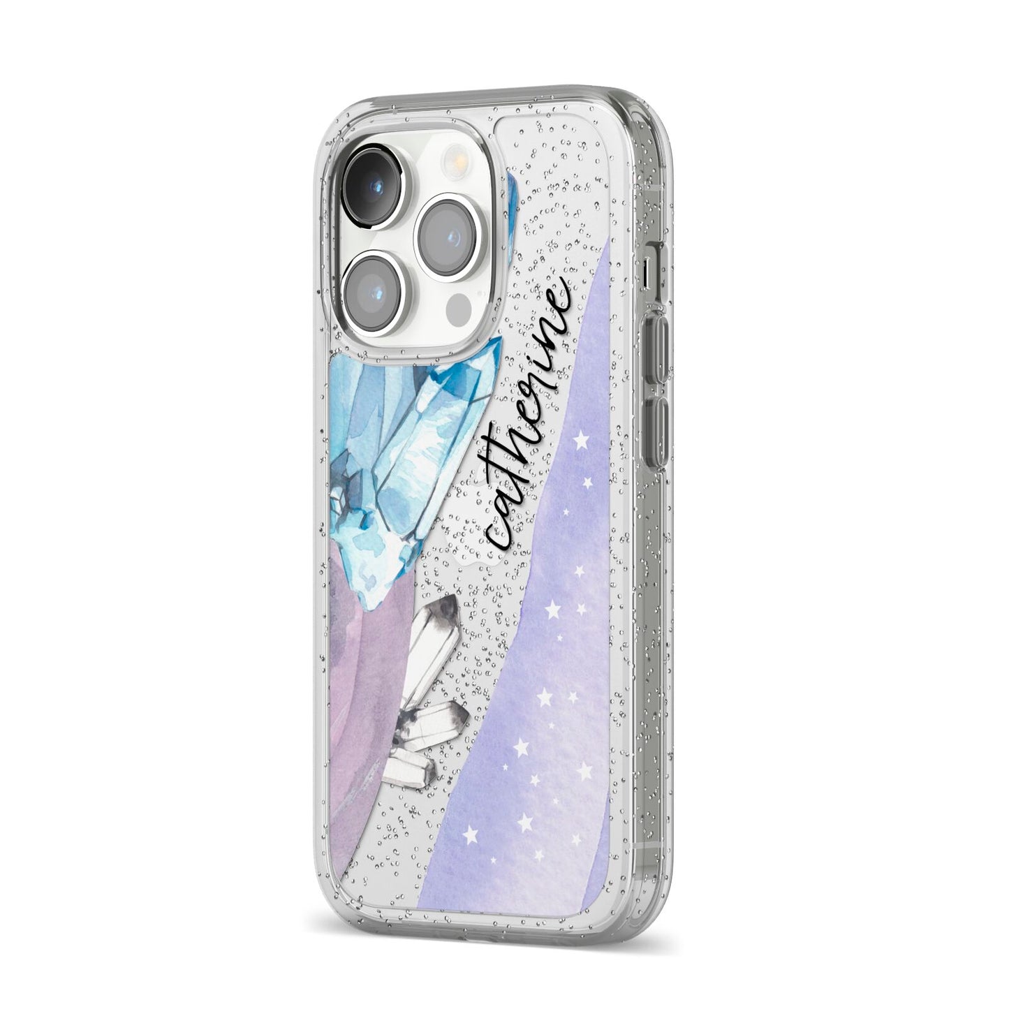 Crystals Personalised Name iPhone 14 Pro Glitter Tough Case Silver Angled Image