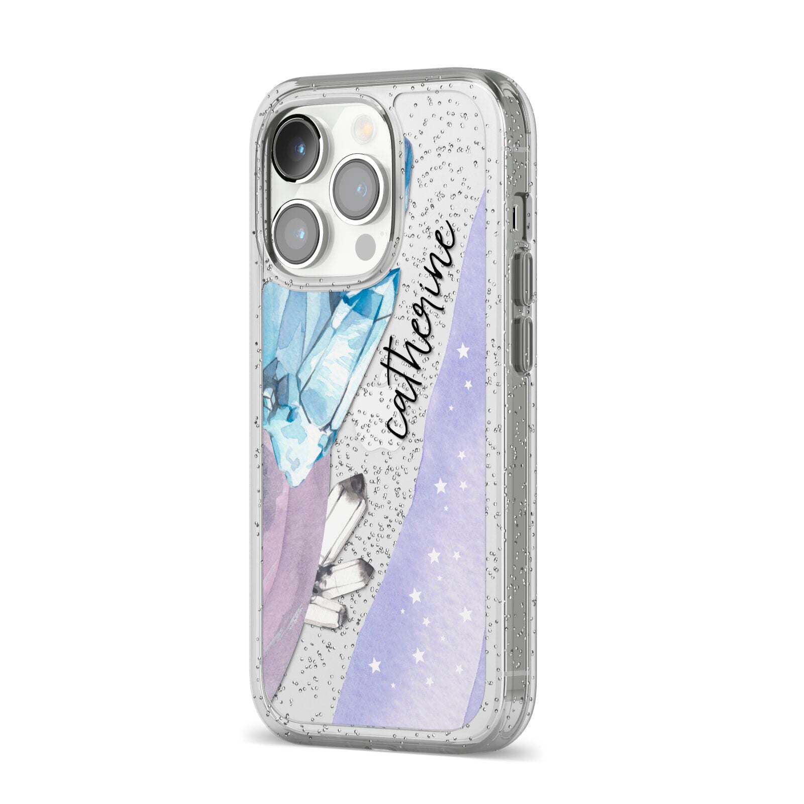 Crystals Personalised Name iPhone 14 Pro Glitter Tough Case Silver Angled Image