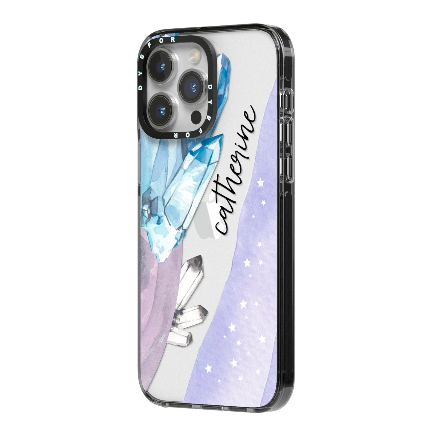Crystals Personalised Name iPhone 14 Pro Max Black Impact Case Side Angle on Silver phone