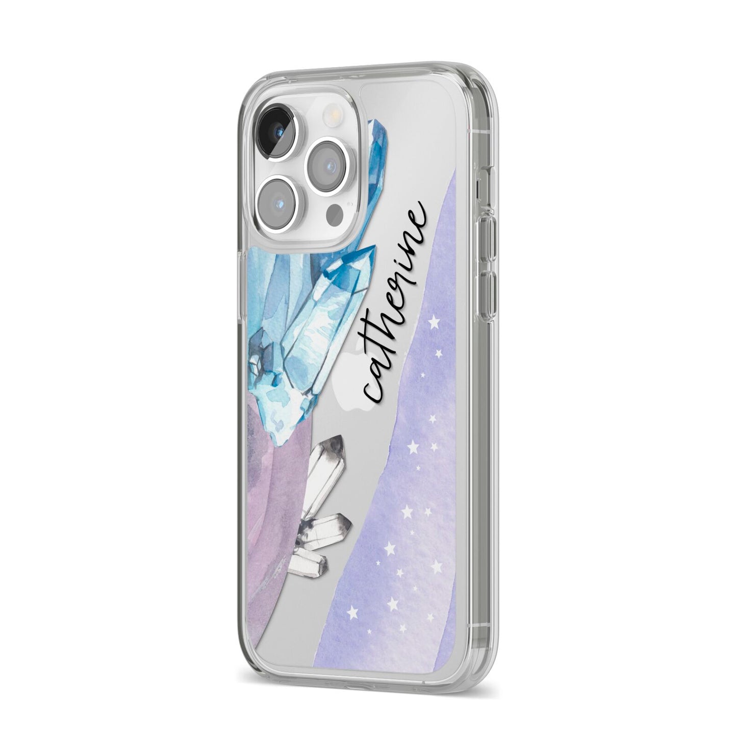Crystals Personalised Name iPhone 14 Pro Max Clear Tough Case Silver Angled Image