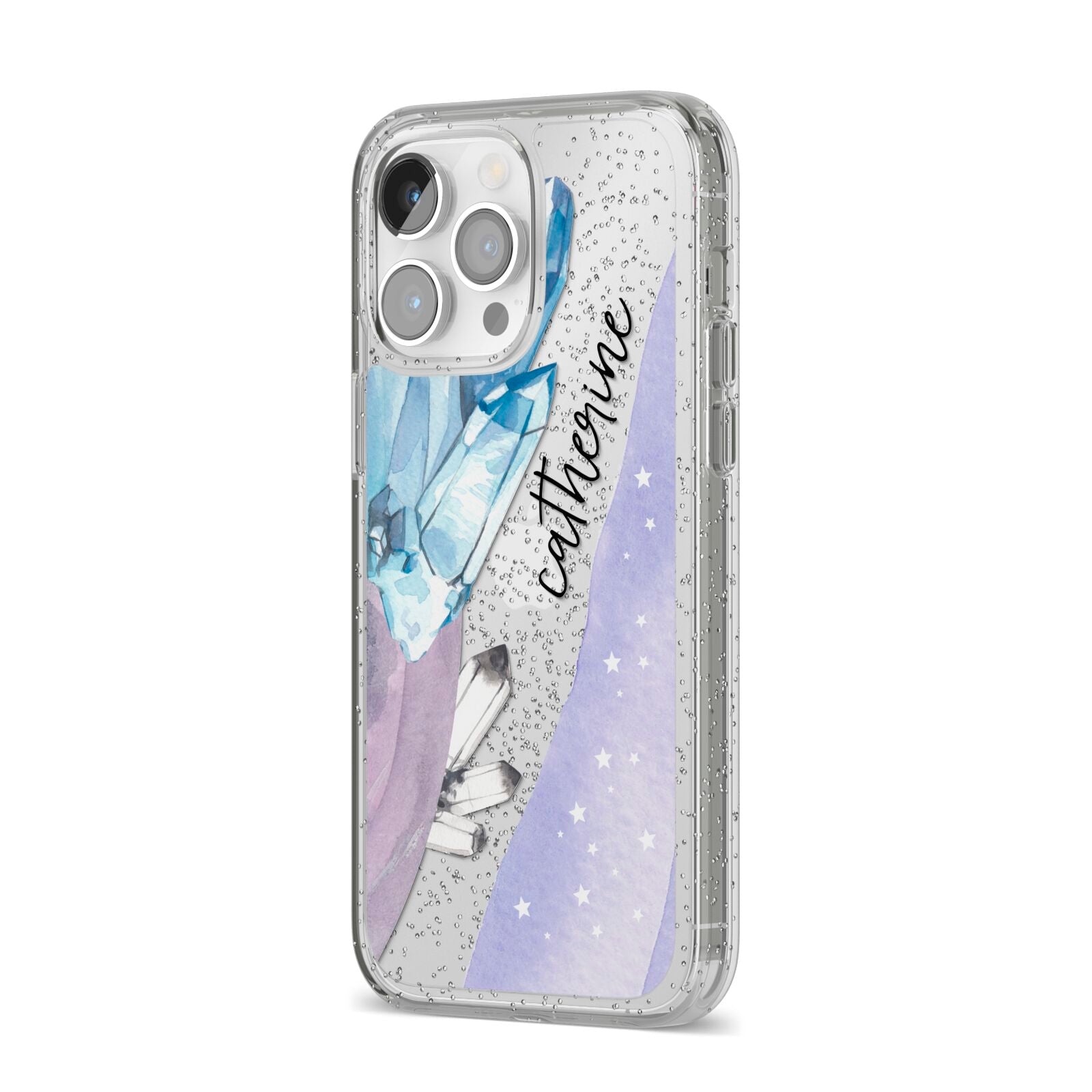 Crystals Personalised Name iPhone 14 Pro Max Glitter Tough Case Silver Angled Image