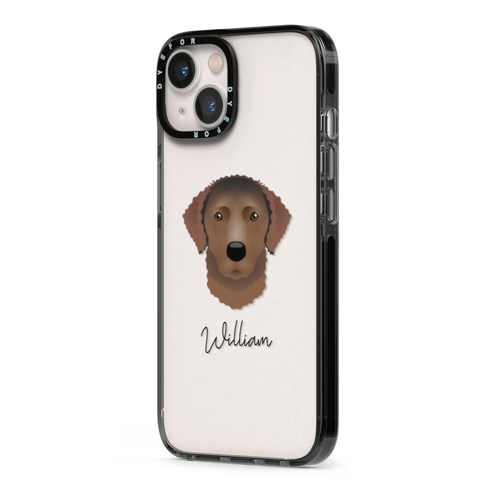 Curly Coated Retriever Personalised iPhone 13 Black Impact Case Side Angle on Silver phone