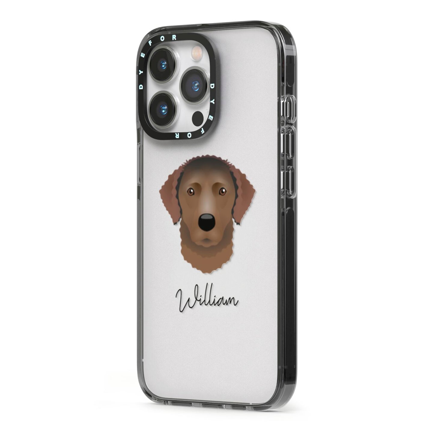 Curly Coated Retriever Personalised iPhone 13 Pro Black Impact Case Side Angle on Silver phone
