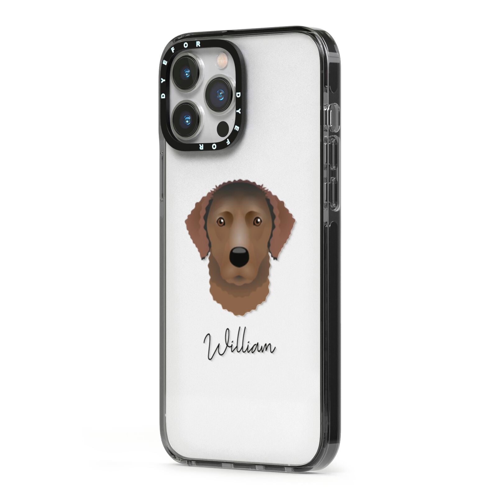 Curly Coated Retriever Personalised iPhone 13 Pro Max Black Impact Case Side Angle on Silver phone
