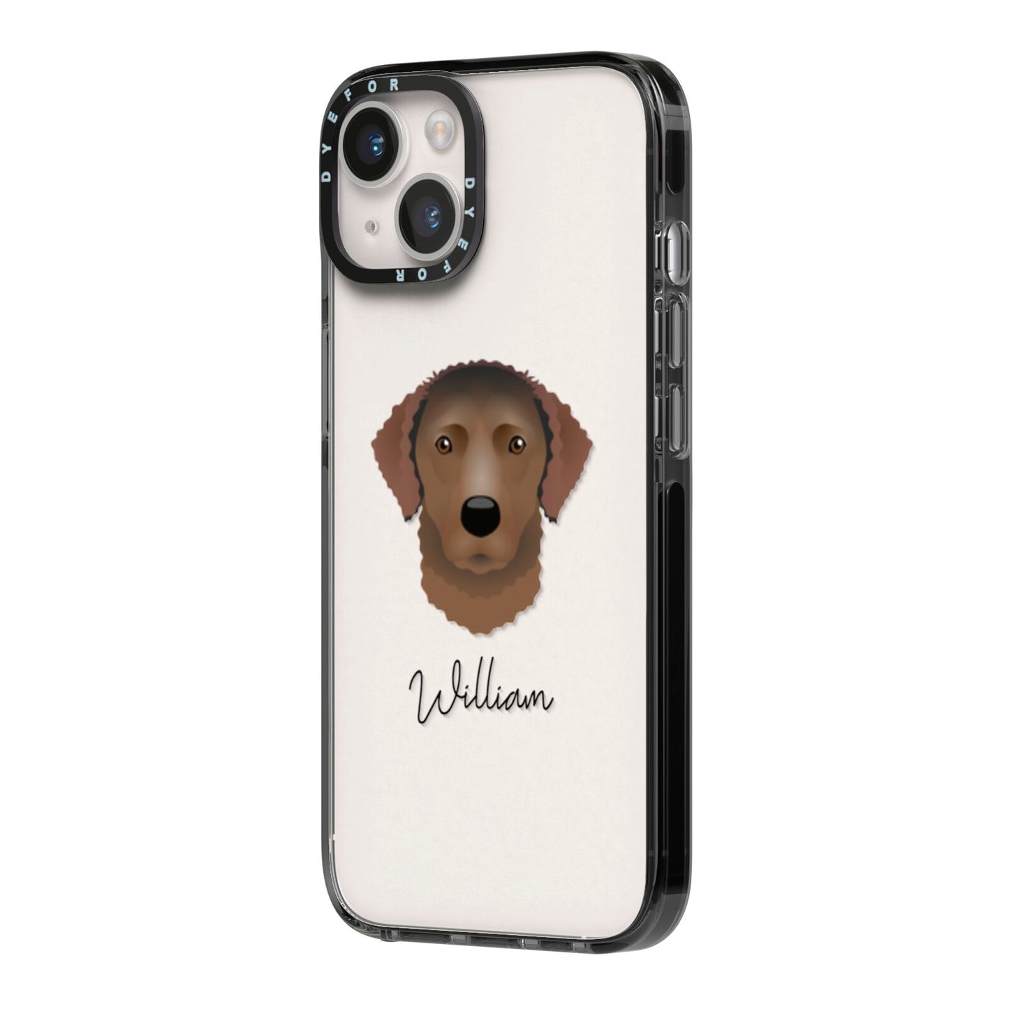 Curly Coated Retriever Personalised iPhone 14 Black Impact Case Side Angle on Silver phone