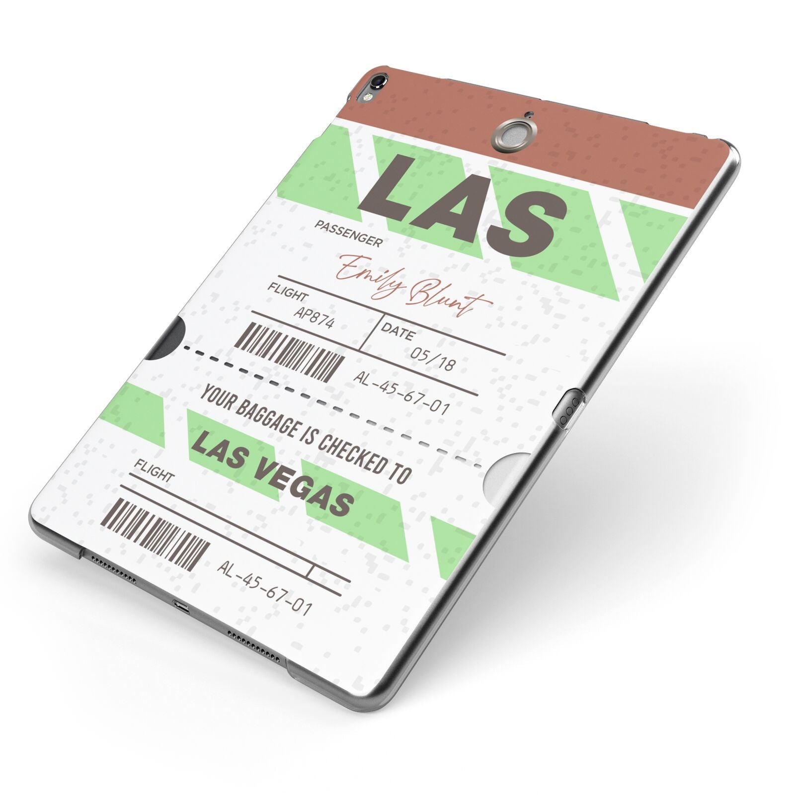 Custom Baggage Tag Apple iPad Case on Grey iPad Side View