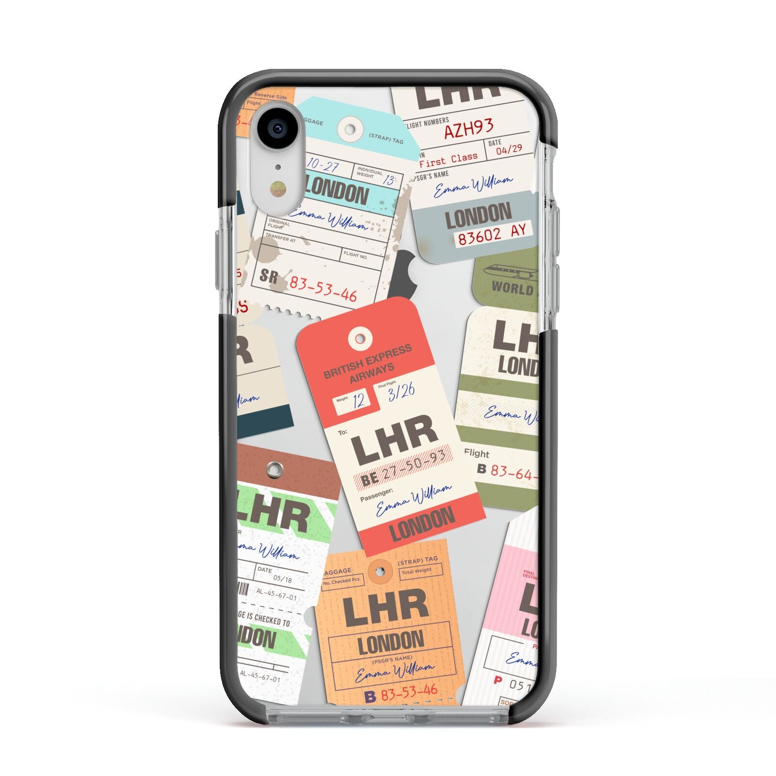 Custom Baggage Tag Collage Apple iPhone XR Impact Case Black Edge on Silver Phone