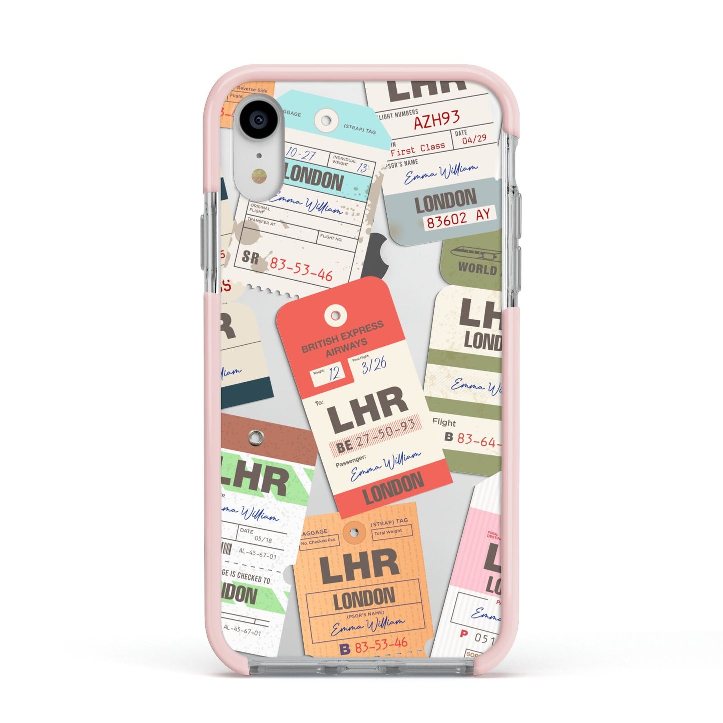 Custom Baggage Tag Collage Apple iPhone XR Impact Case Pink Edge on Silver Phone