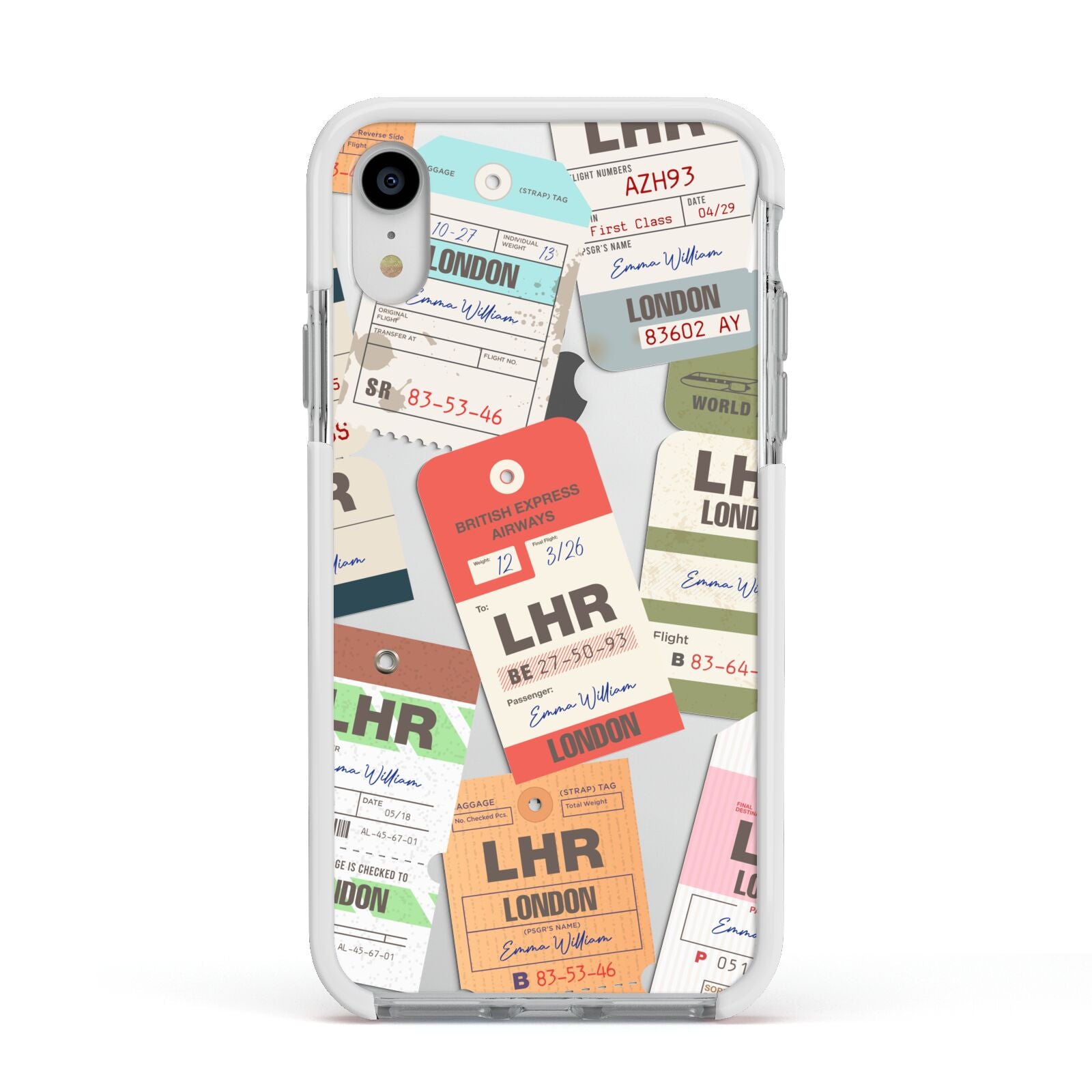 Custom Baggage Tag Collage Apple iPhone XR Impact Case White Edge on Silver Phone