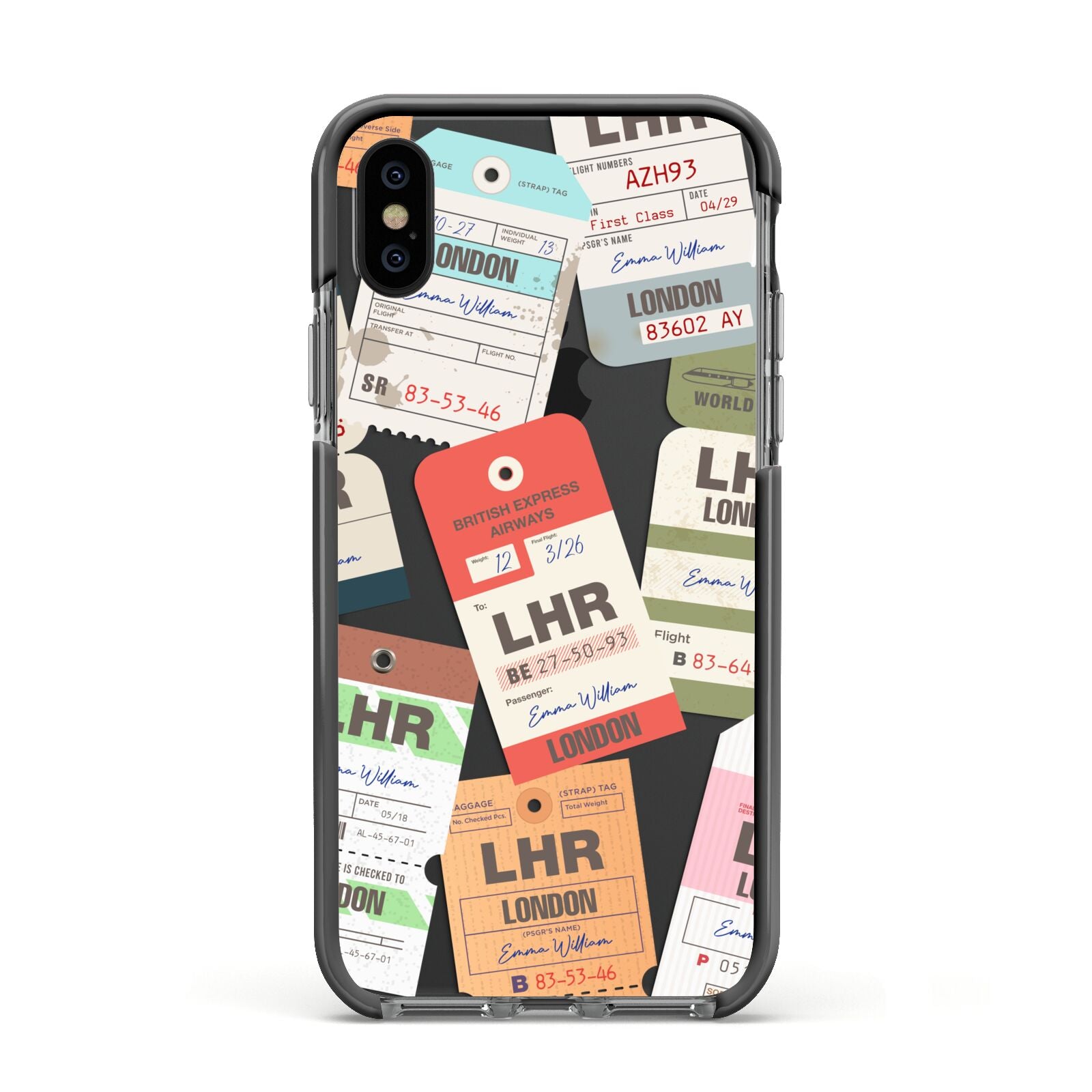Custom Baggage Tag Collage Apple iPhone Xs Impact Case Black Edge on Black Phone