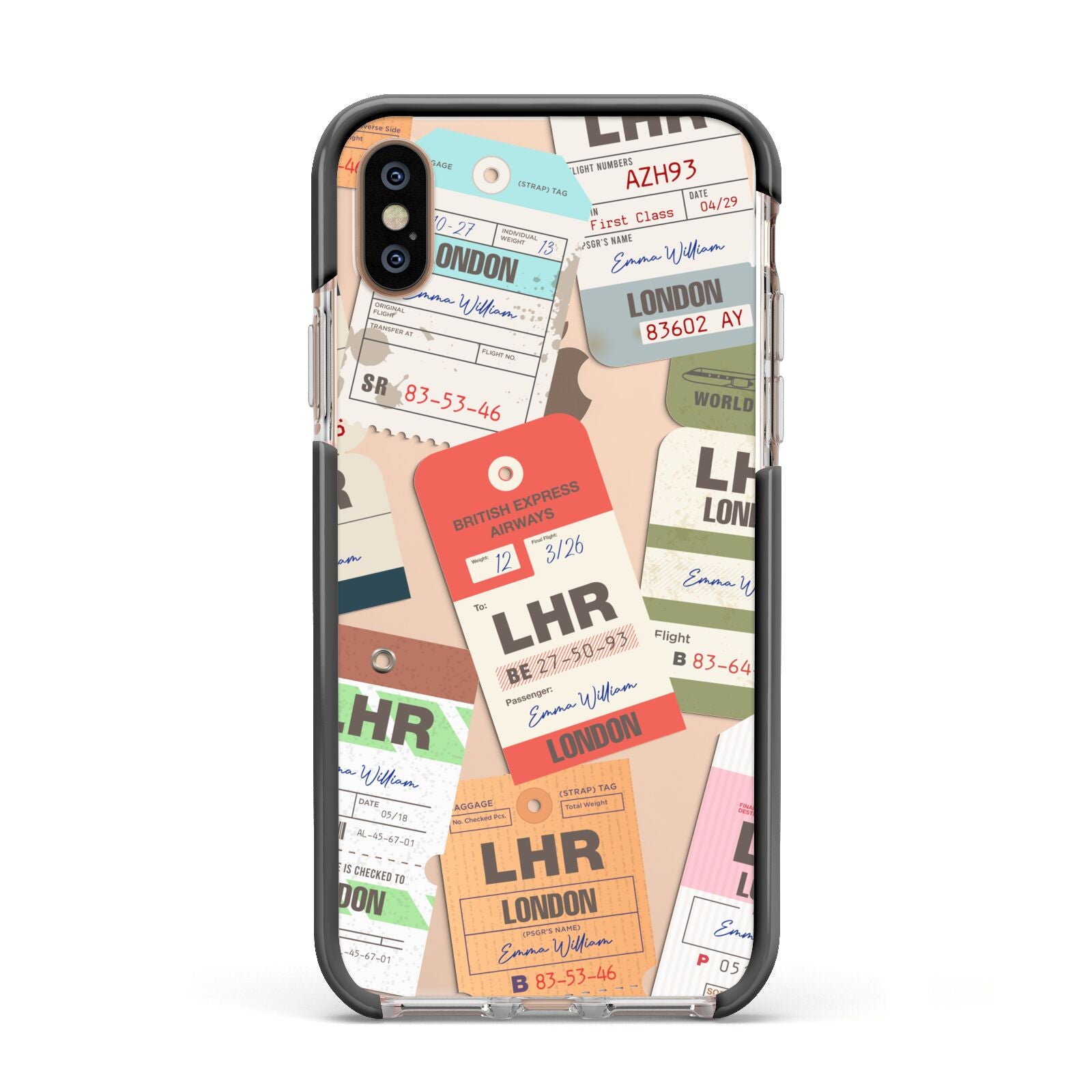 Custom Baggage Tag Collage Apple iPhone Xs Impact Case Black Edge on Gold Phone