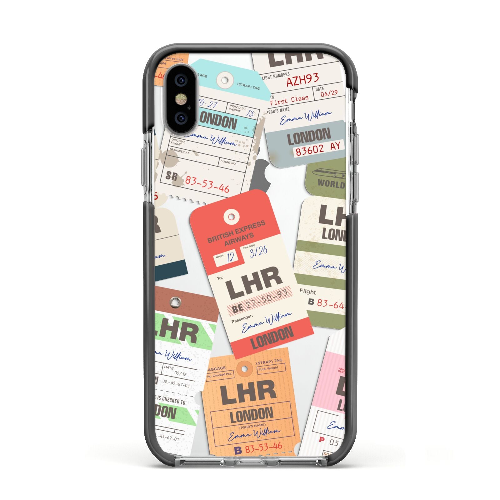 Custom Baggage Tag Collage Apple iPhone Xs Impact Case Black Edge on Silver Phone