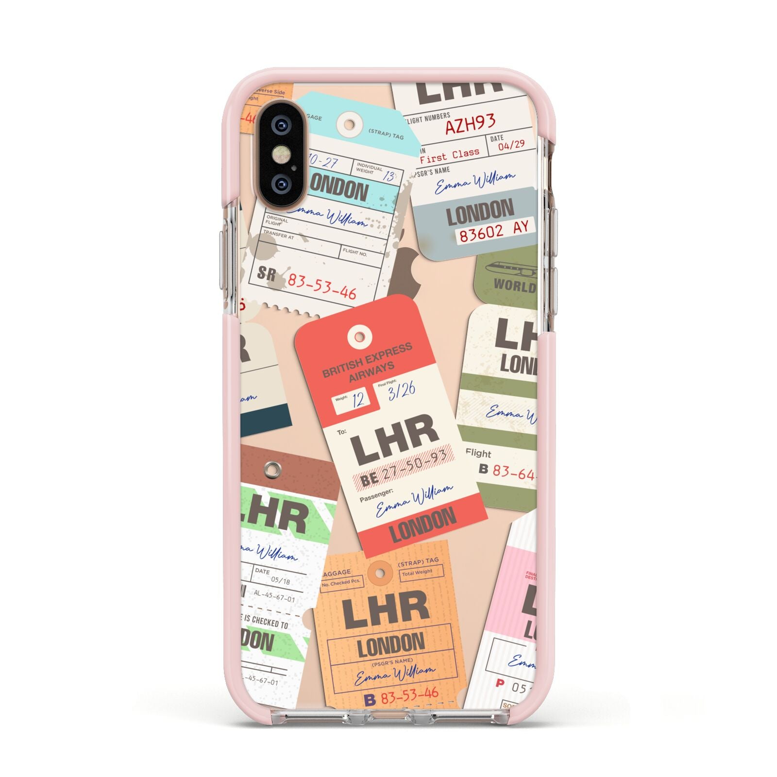 Custom Baggage Tag Collage Apple iPhone Xs Impact Case Pink Edge on Gold Phone