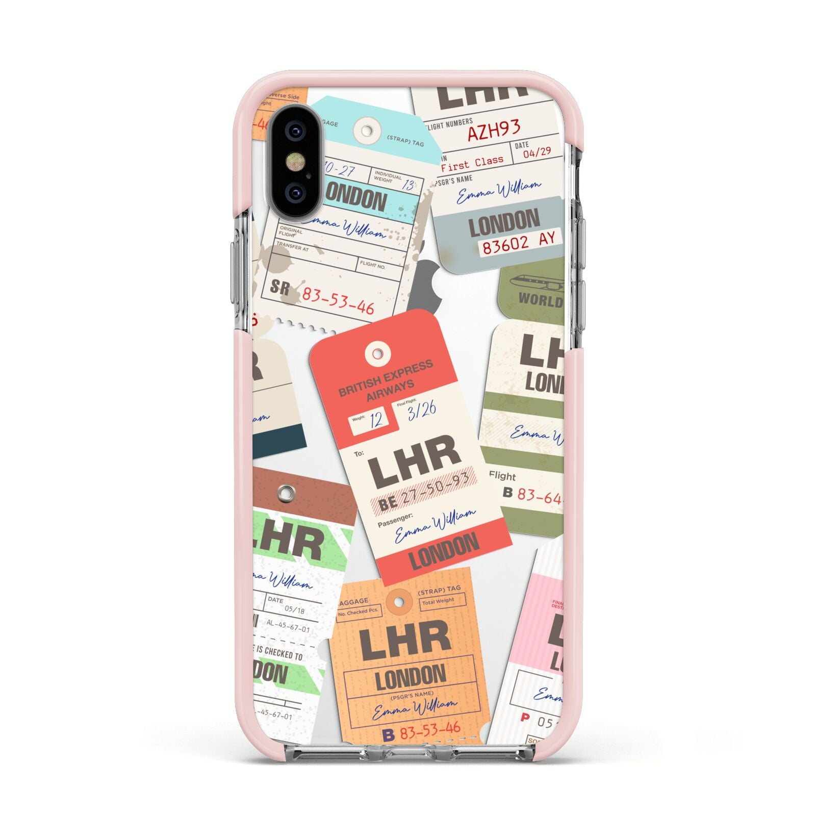 Custom Baggage Tag Collage Apple iPhone Xs Impact Case Pink Edge on Silver Phone