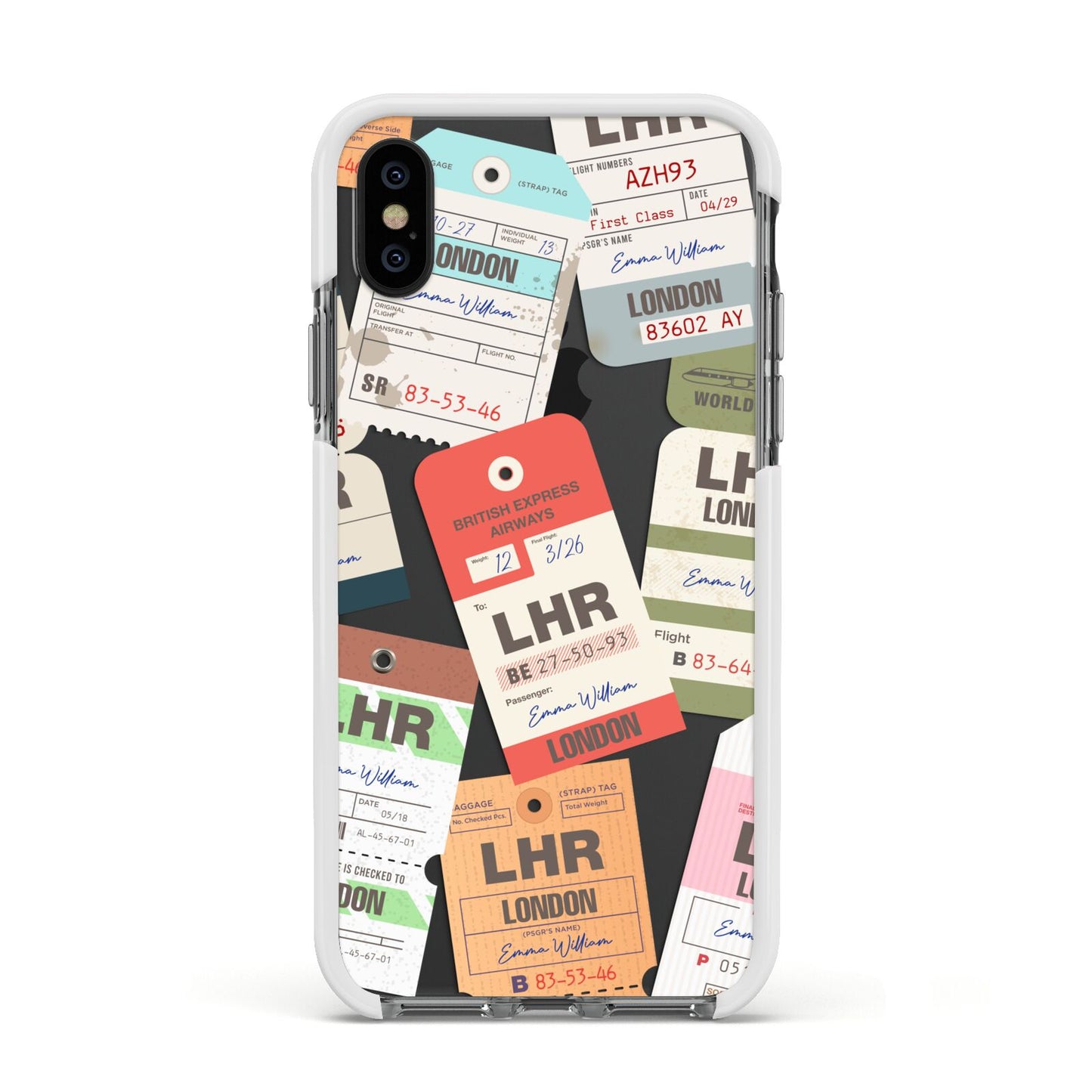 Custom Baggage Tag Collage Apple iPhone Xs Impact Case White Edge on Black Phone