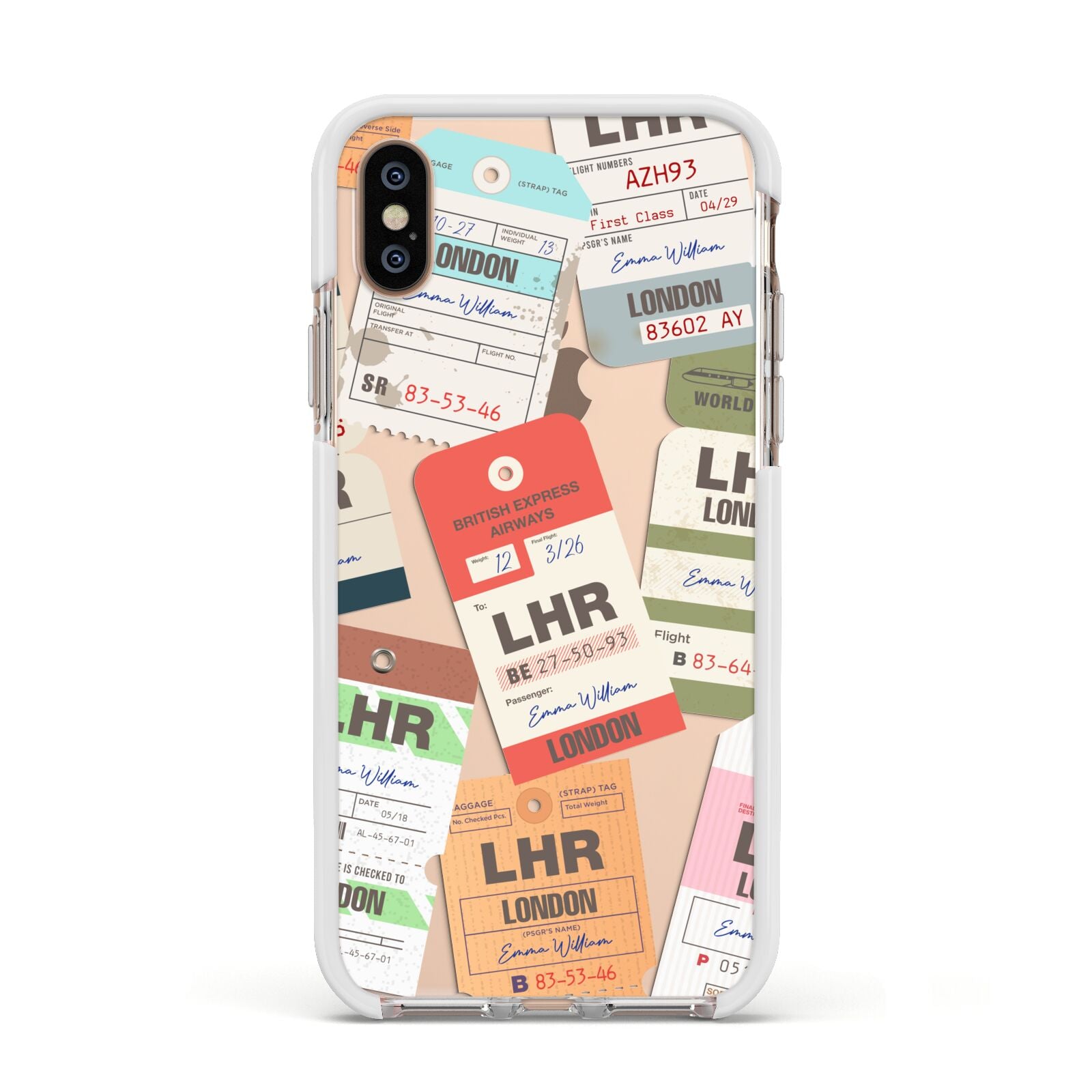 Custom Baggage Tag Collage Apple iPhone Xs Impact Case White Edge on Gold Phone