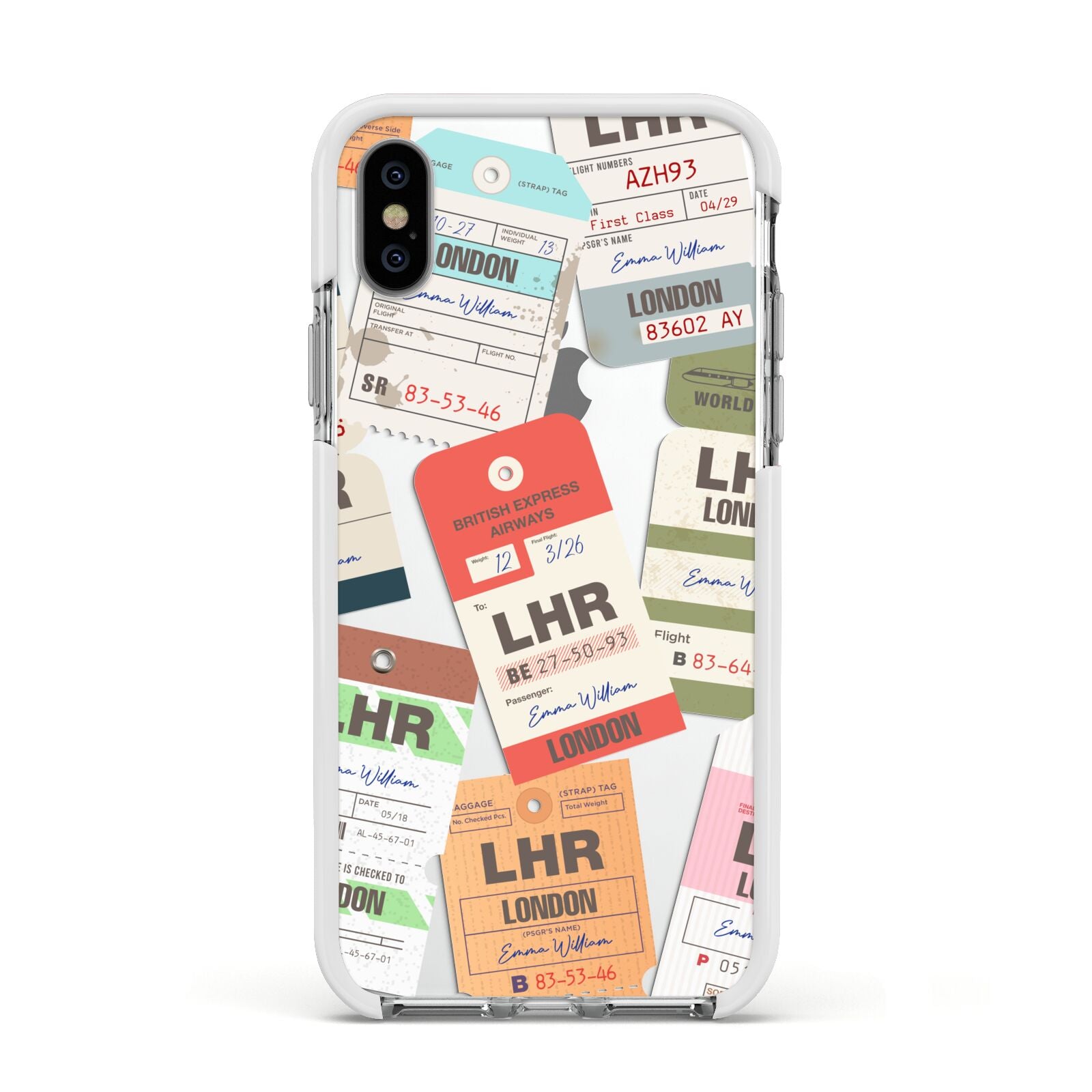 Custom Baggage Tag Collage Apple iPhone Xs Impact Case White Edge on Silver Phone