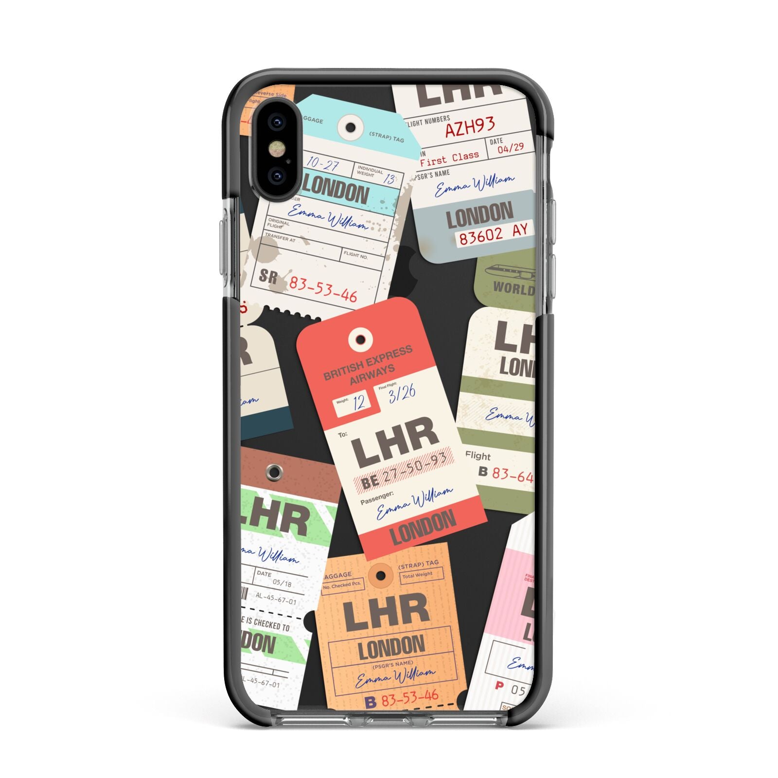 Custom Baggage Tag Collage Apple iPhone Xs Max Impact Case Black Edge on Black Phone