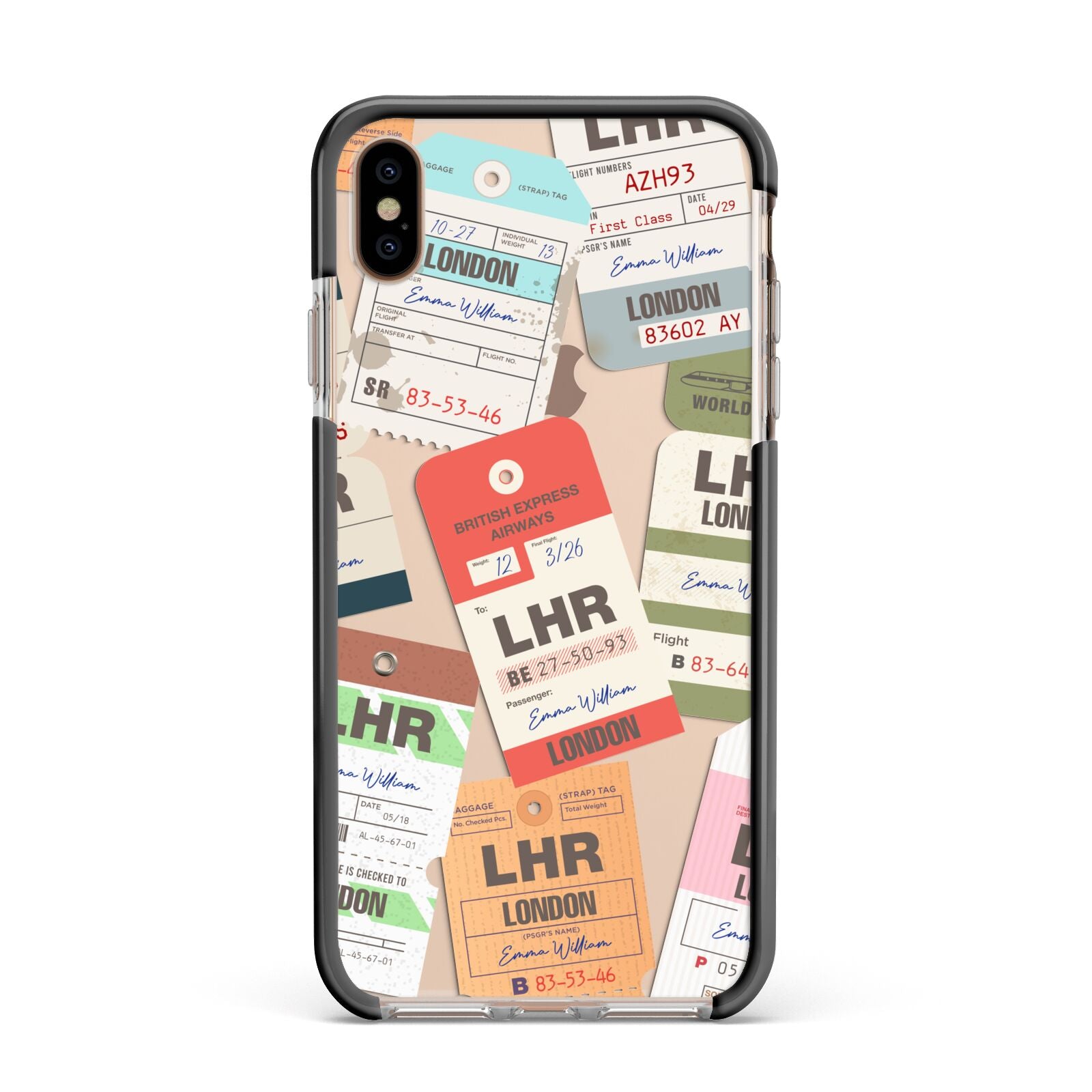 Custom Baggage Tag Collage Apple iPhone Xs Max Impact Case Black Edge on Gold Phone