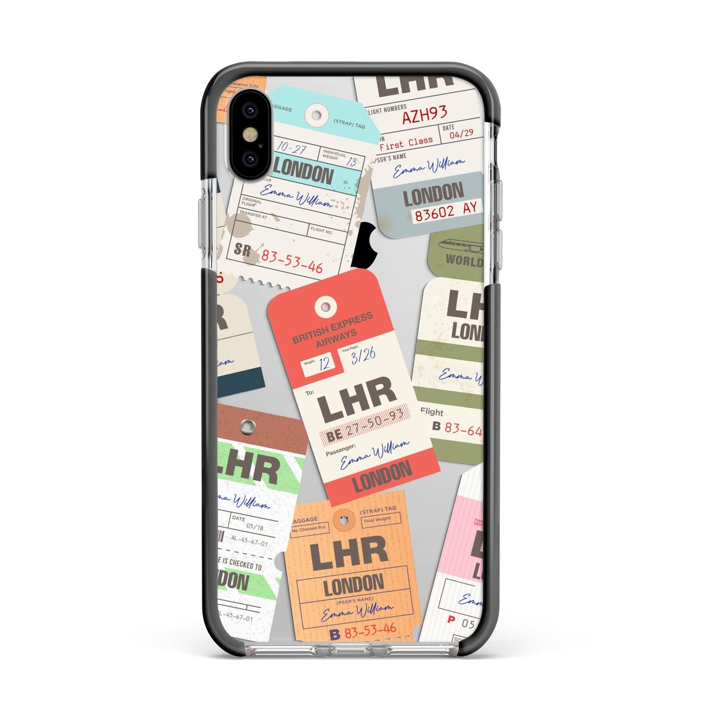Custom Baggage Tag Collage Apple iPhone Xs Max Impact Case Black Edge on Silver Phone