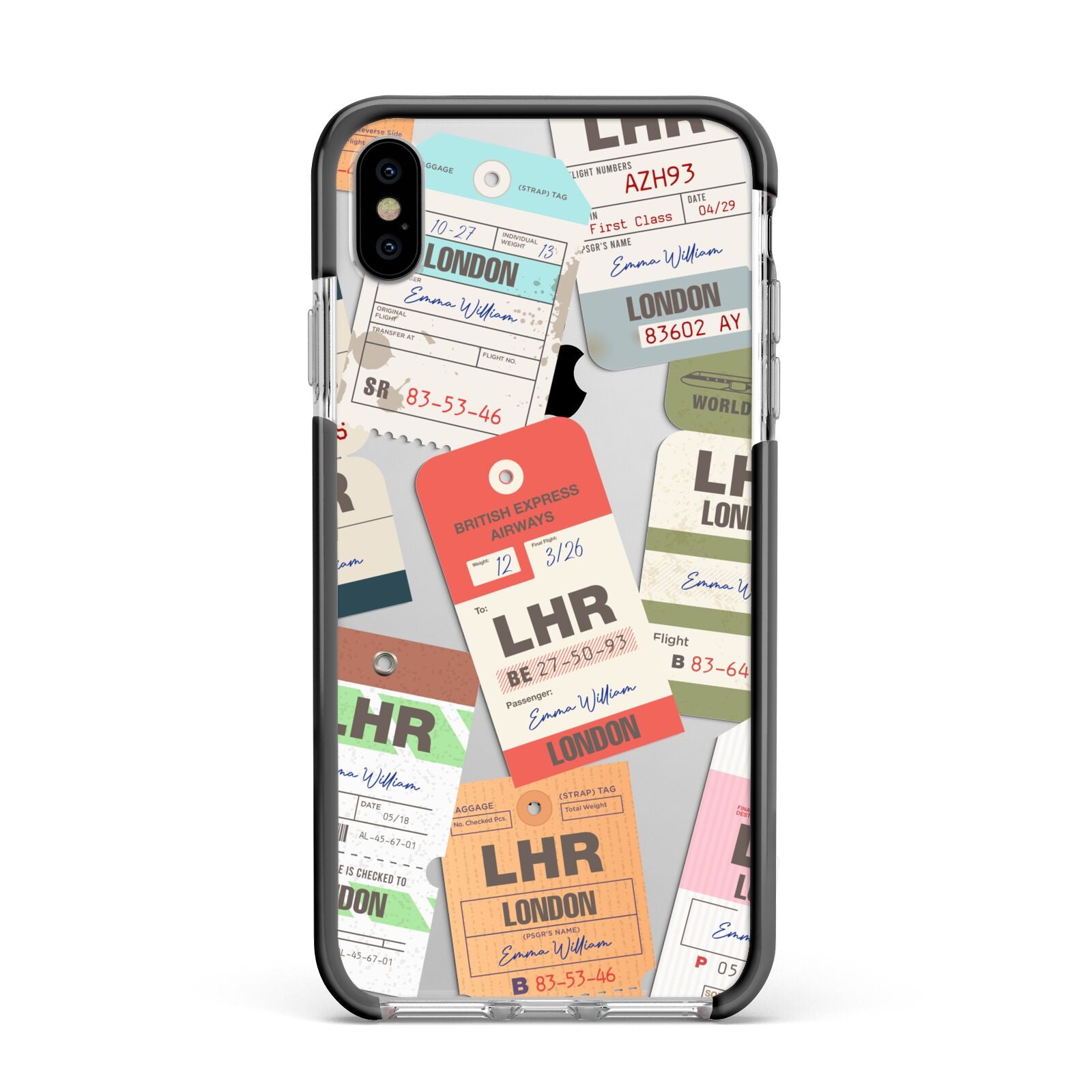 Custom Baggage Tag Collage Apple iPhone Xs Max Impact Case Black Edge on Silver Phone