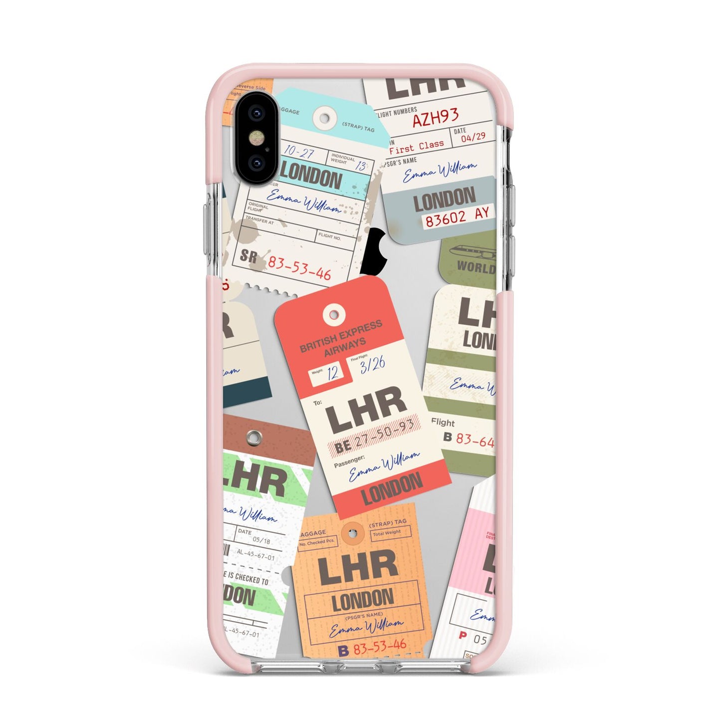 Custom Baggage Tag Collage Apple iPhone Xs Max Impact Case Pink Edge on Silver Phone