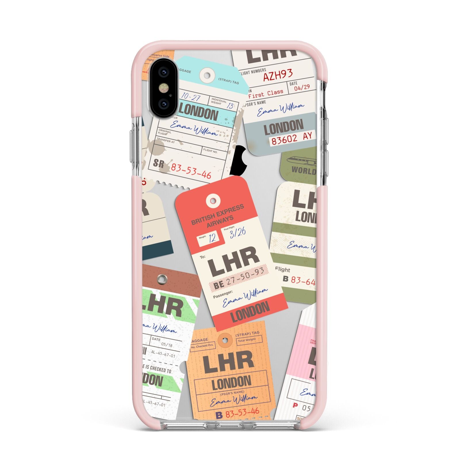 Custom Baggage Tag Collage Apple iPhone Xs Max Impact Case Pink Edge on Silver Phone
