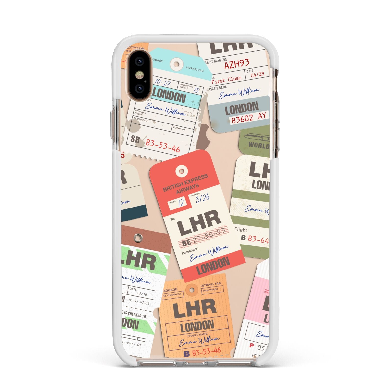 Custom Baggage Tag Collage Apple iPhone Xs Max Impact Case White Edge on Gold Phone