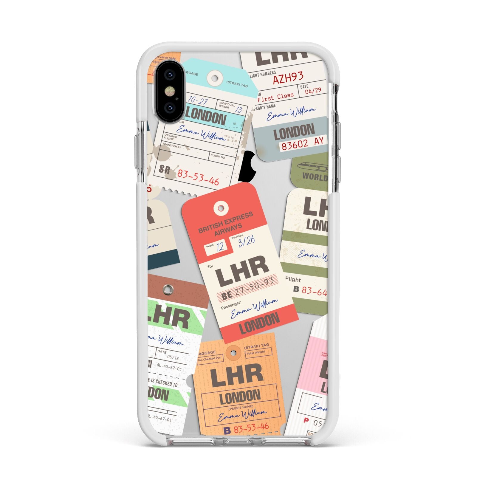Custom Baggage Tag Collage Apple iPhone Xs Max Impact Case White Edge on Silver Phone