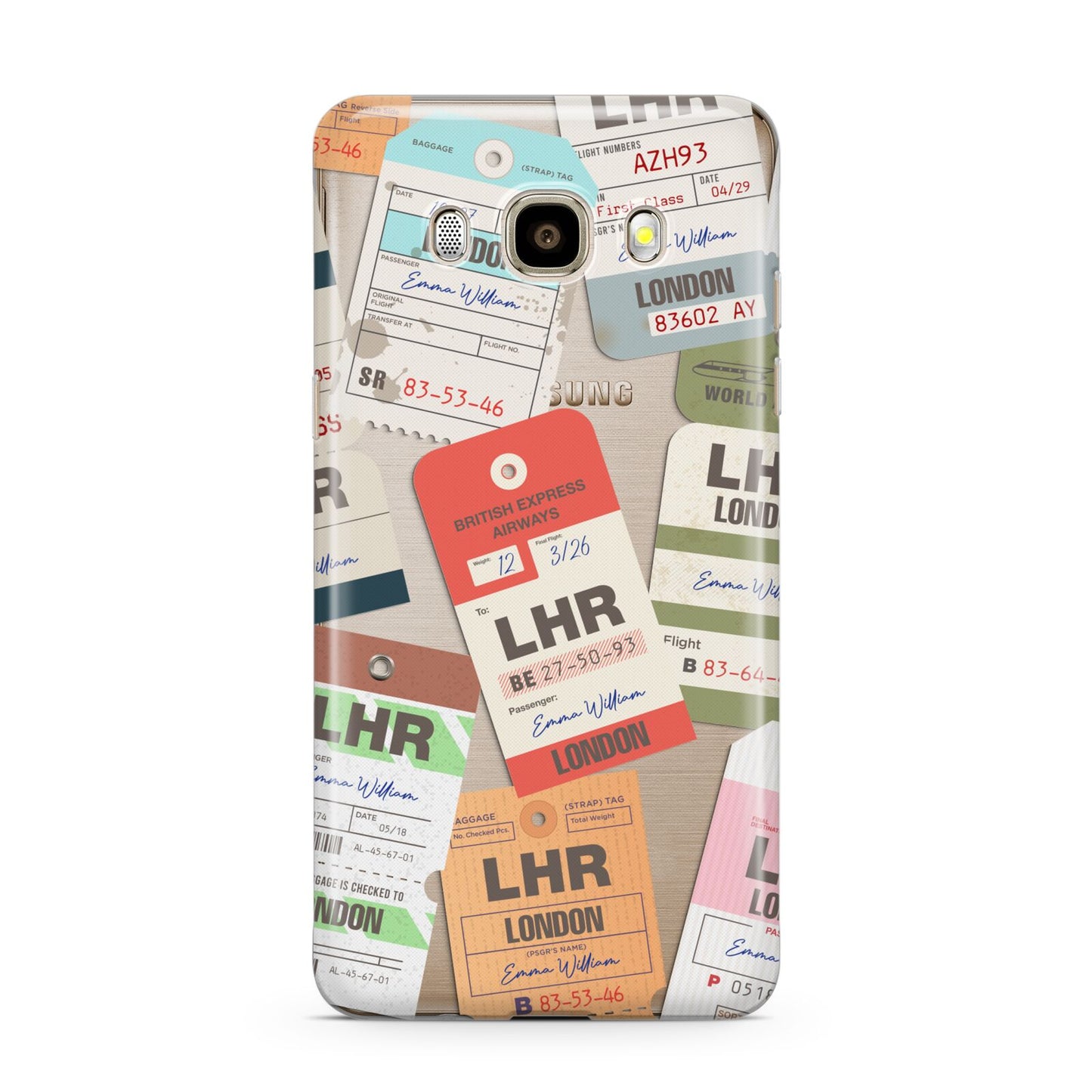 Custom Baggage Tag Collage Samsung Galaxy J7 2016 Case on gold phone