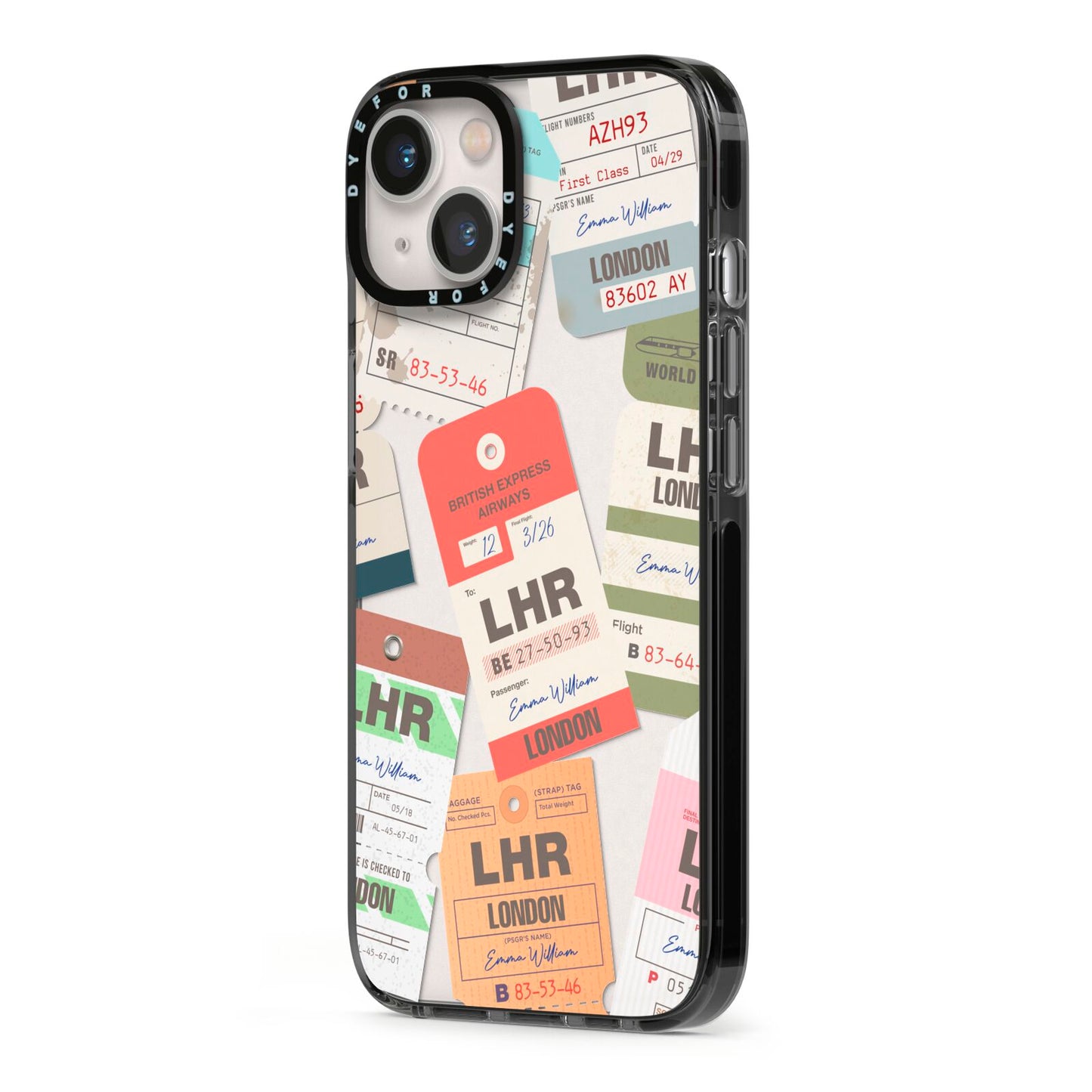 Custom Baggage Tag Collage iPhone 13 Black Impact Case Side Angle on Silver phone