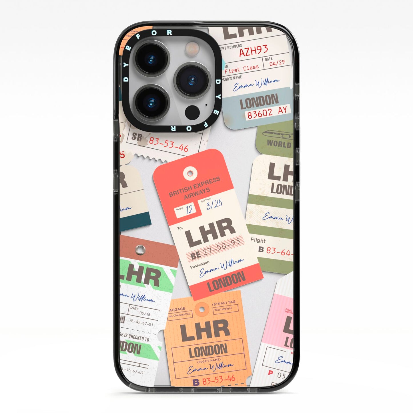 Custom Baggage Tag Collage iPhone 13 Pro Black Impact Case on Silver phone