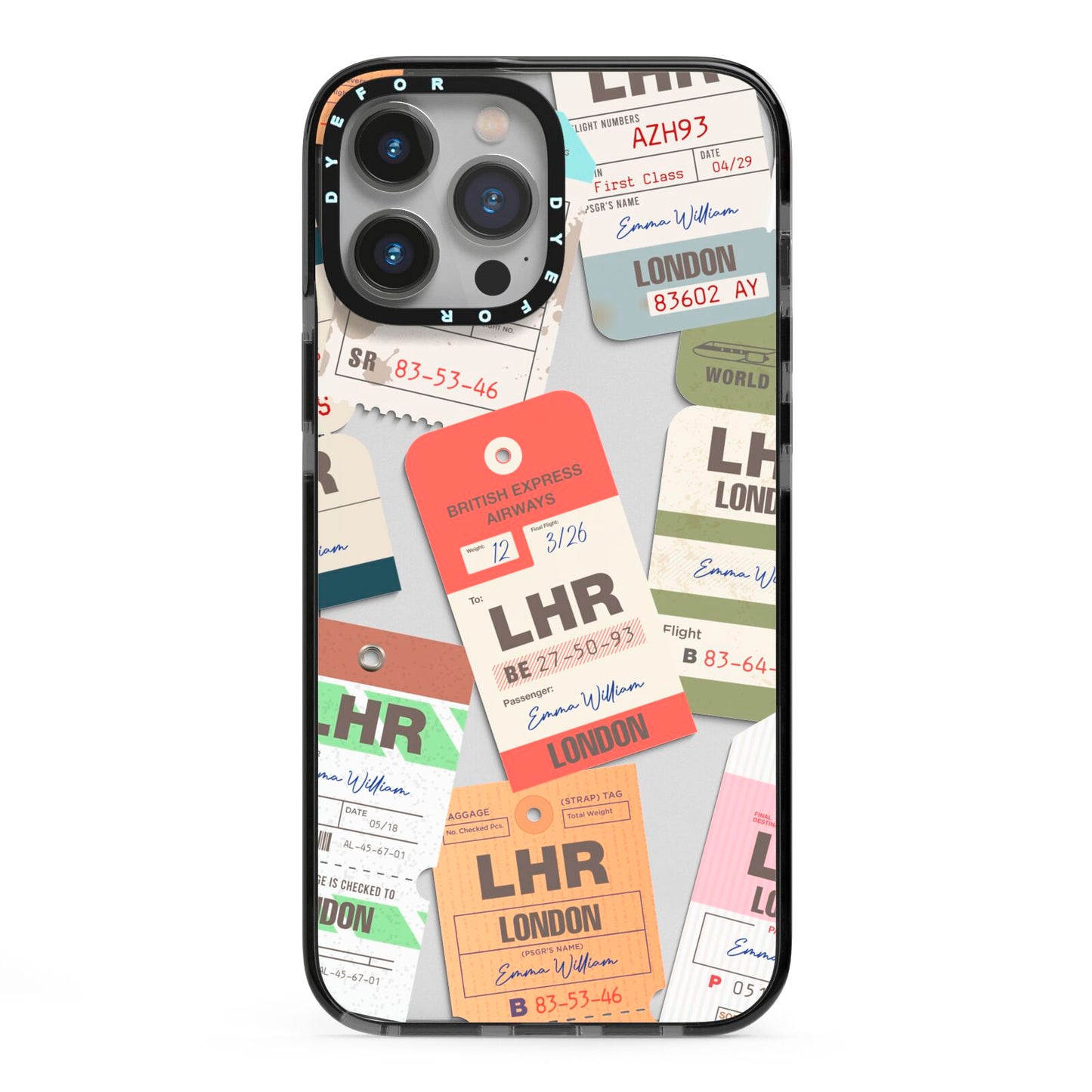 Custom Baggage Tag Collage iPhone 13 Pro Max Black Impact Case on Silver phone