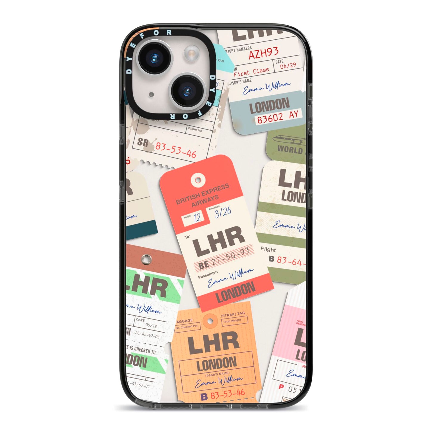Custom Baggage Tag Collage iPhone 14 Black Impact Case on Silver phone