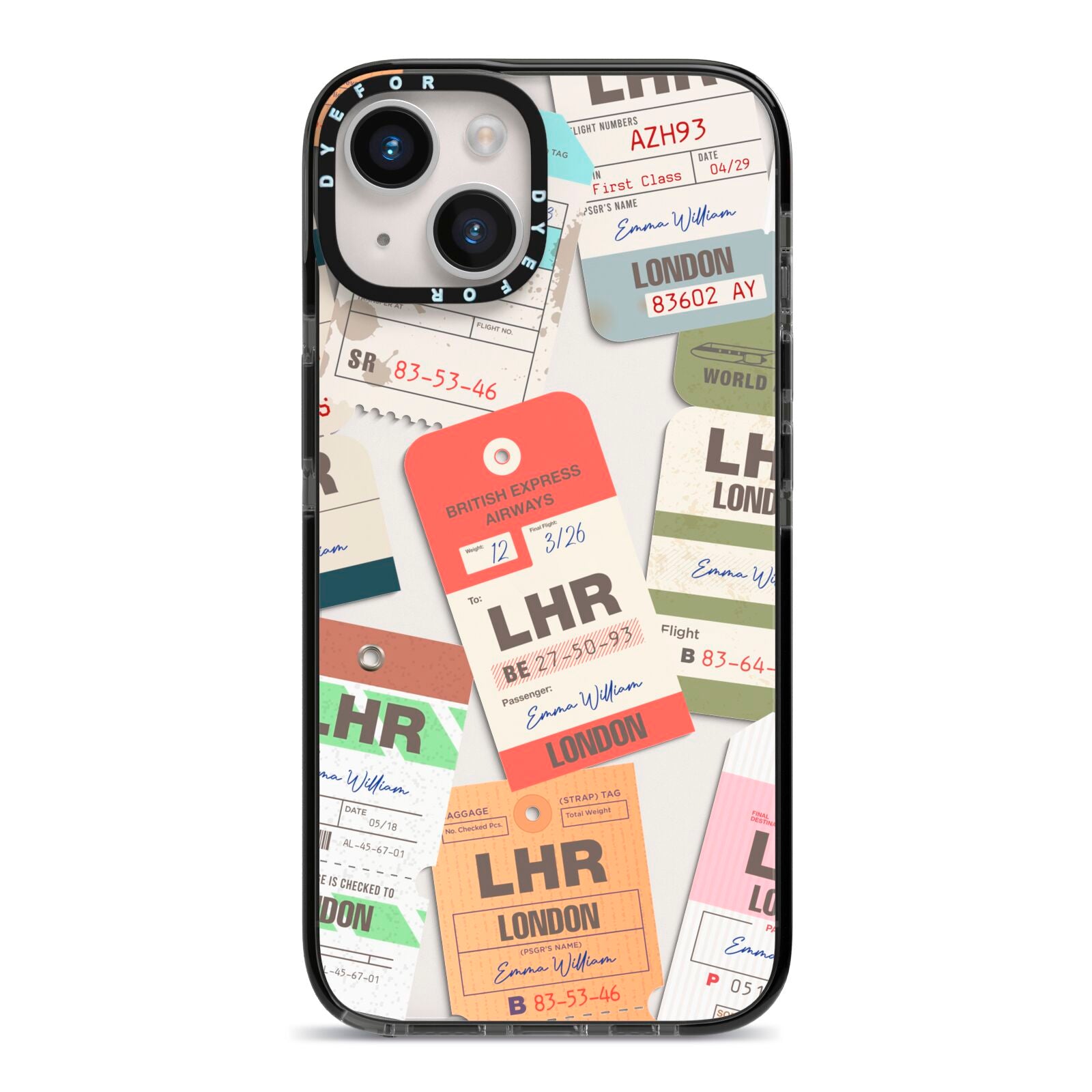Custom Baggage Tag Collage iPhone 14 Black Impact Case on Silver phone