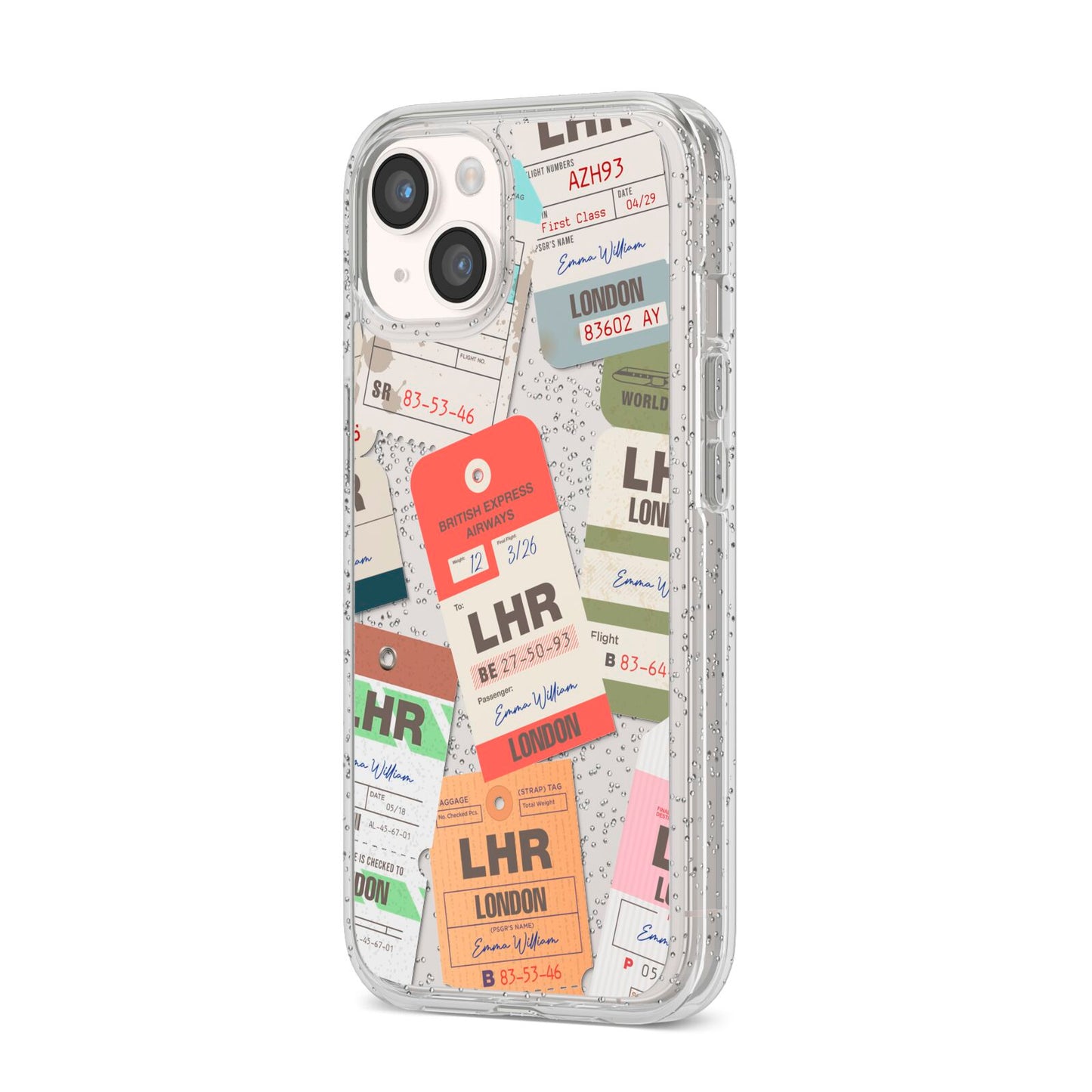 Custom Baggage Tag Collage iPhone 14 Glitter Tough Case Starlight Angled Image