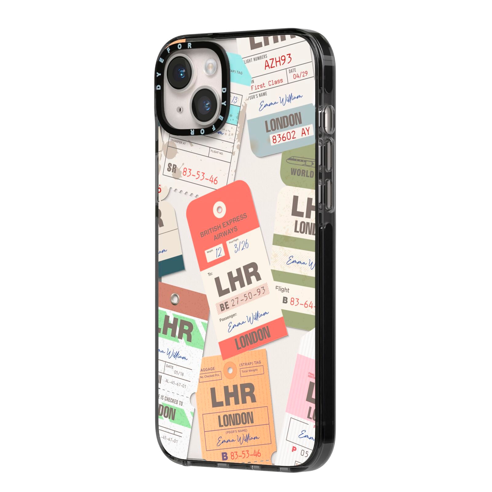 Custom Baggage Tag Collage iPhone 14 Plus Black Impact Case Side Angle on Silver phone