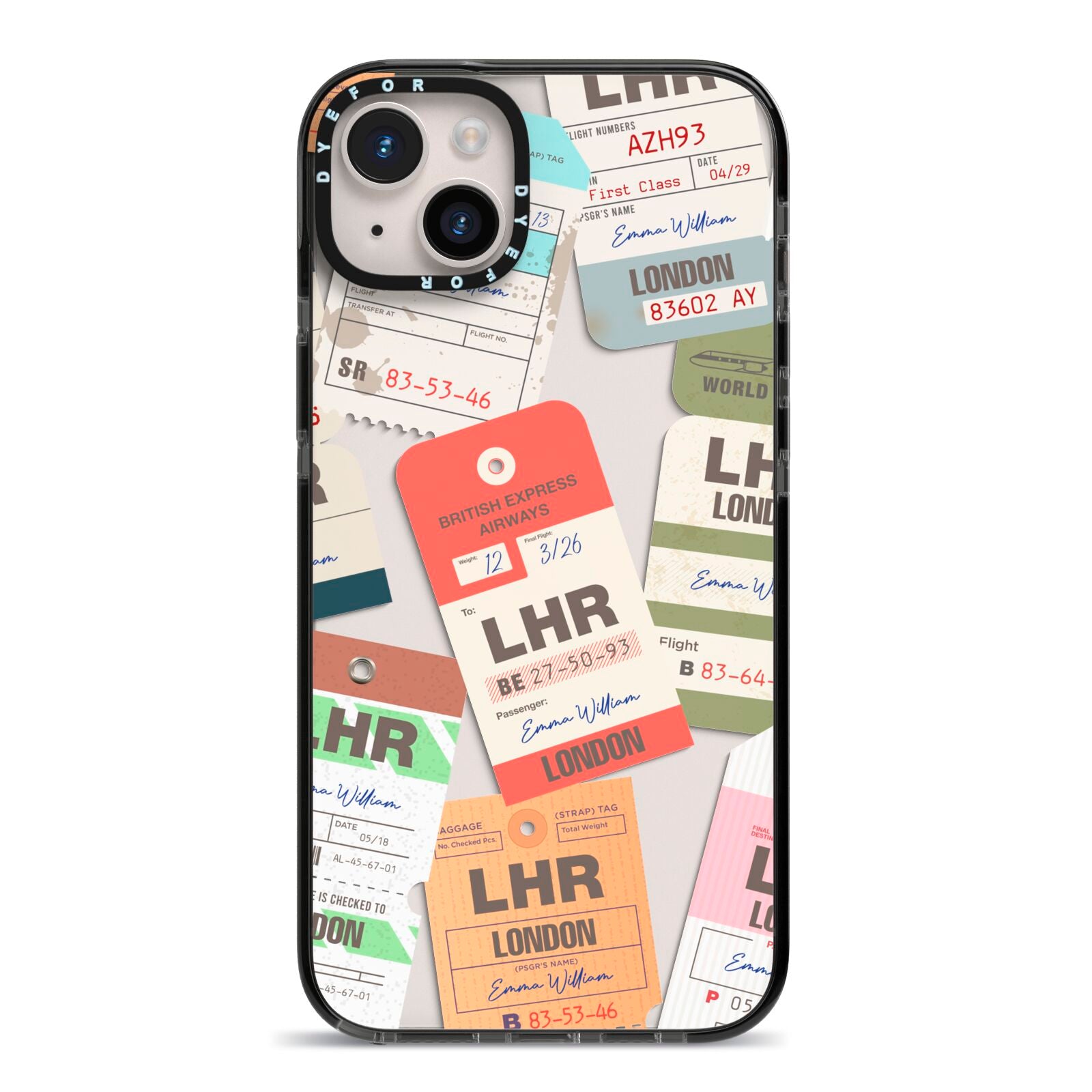 Custom Baggage Tag Collage iPhone 14 Plus Black Impact Case on Silver phone