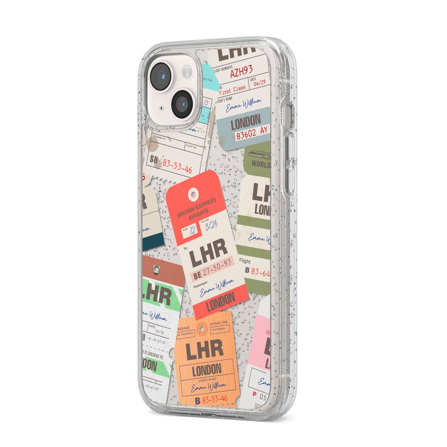 Custom Baggage Tag Collage iPhone 14 Plus Glitter Tough Case Starlight Angled Image