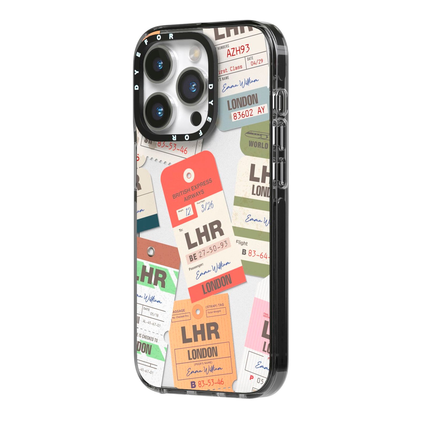 Custom Baggage Tag Collage iPhone 14 Pro Black Impact Case Side Angle on Silver phone