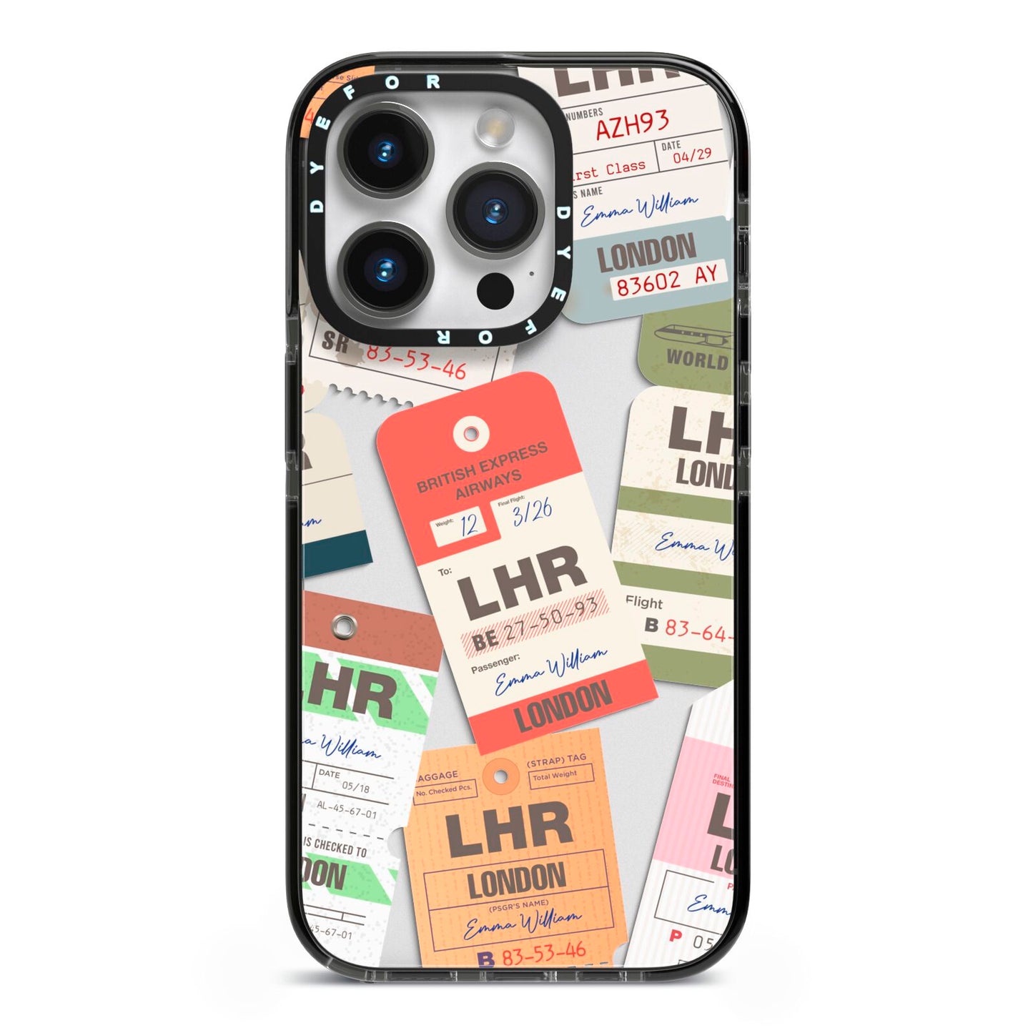Custom Baggage Tag Collage iPhone 14 Pro Black Impact Case on Silver phone