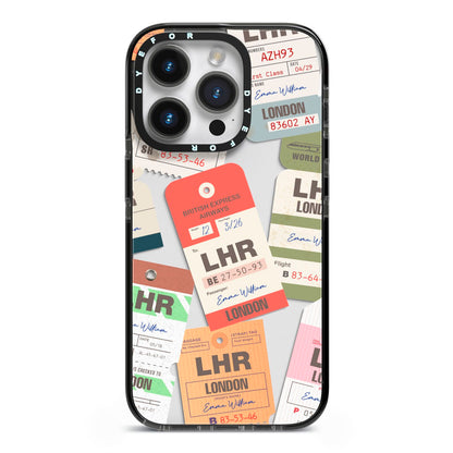 Custom Baggage Tag Collage iPhone 14 Pro Black Impact Case on Silver phone