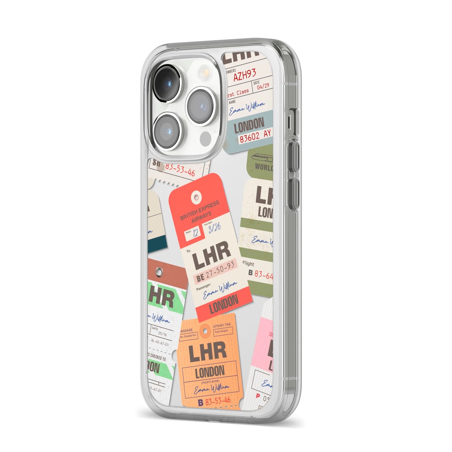 Custom Baggage Tag Collage iPhone 14 Pro Clear Tough Case Silver Angled Image