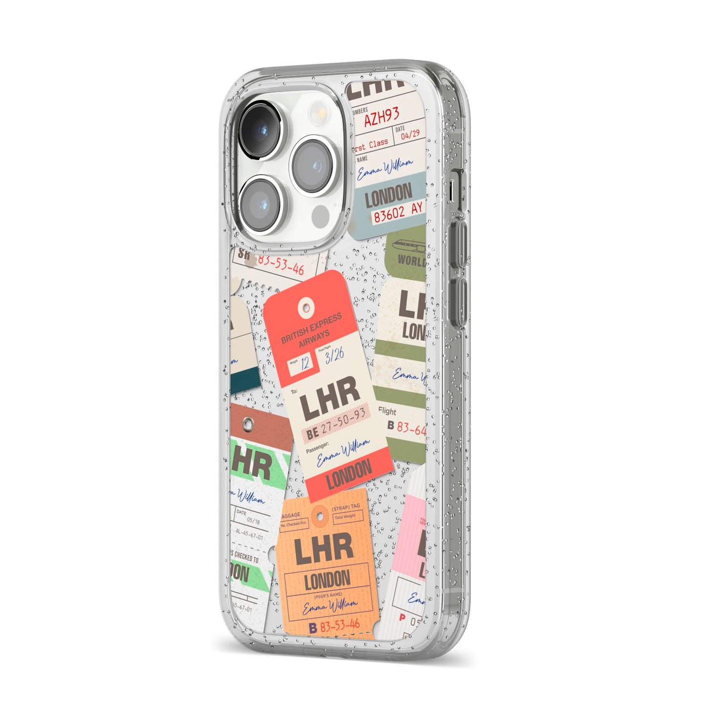 Custom Baggage Tag Collage iPhone 14 Pro Glitter Tough Case Silver Angled Image